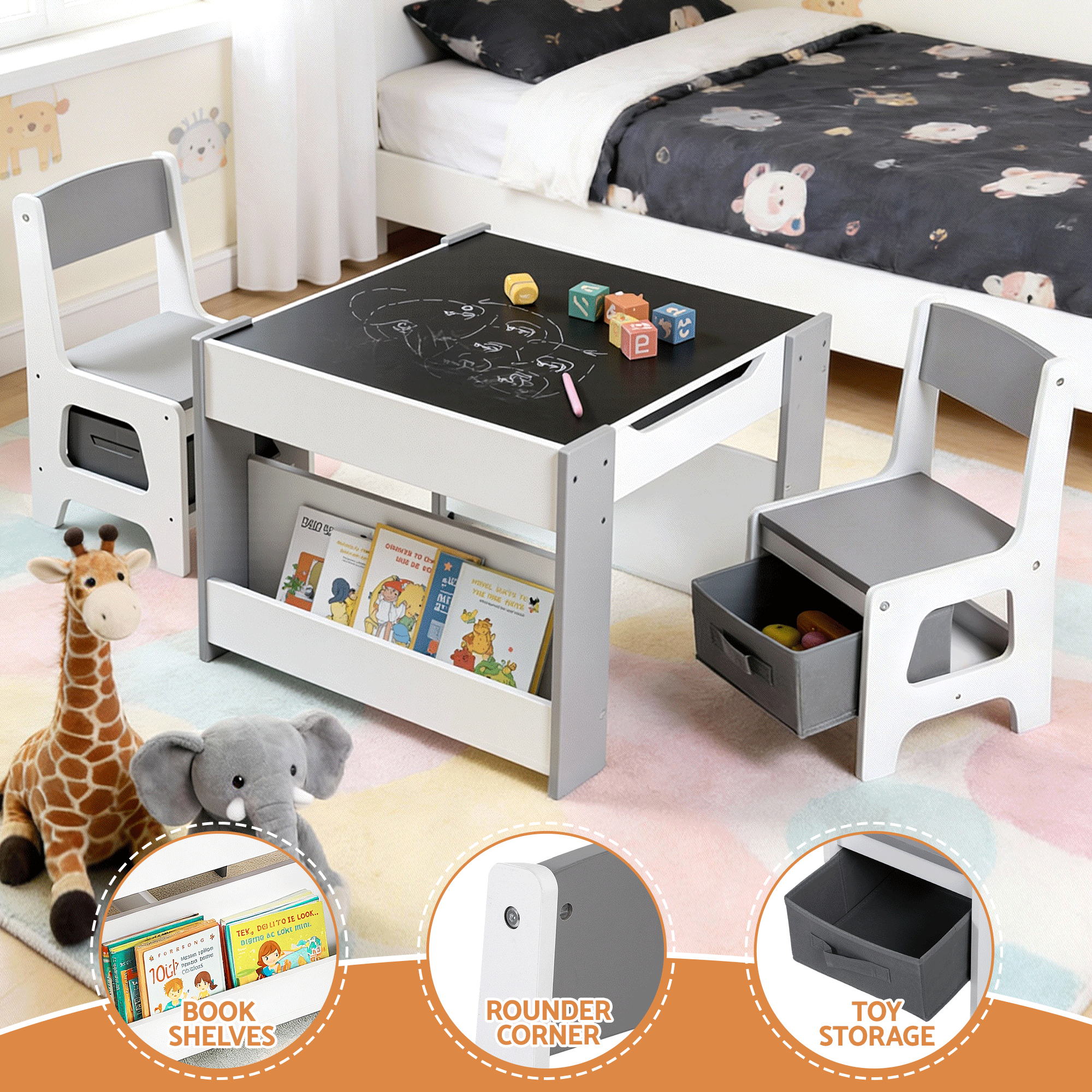 Keezi Kids Table and Chair Set, 4 in 1 Wooden Activity Table with Bookcase, Storage Box and Detachable Blackboard, Toddler Table and 2 Chairs Set, Grey - Image 7