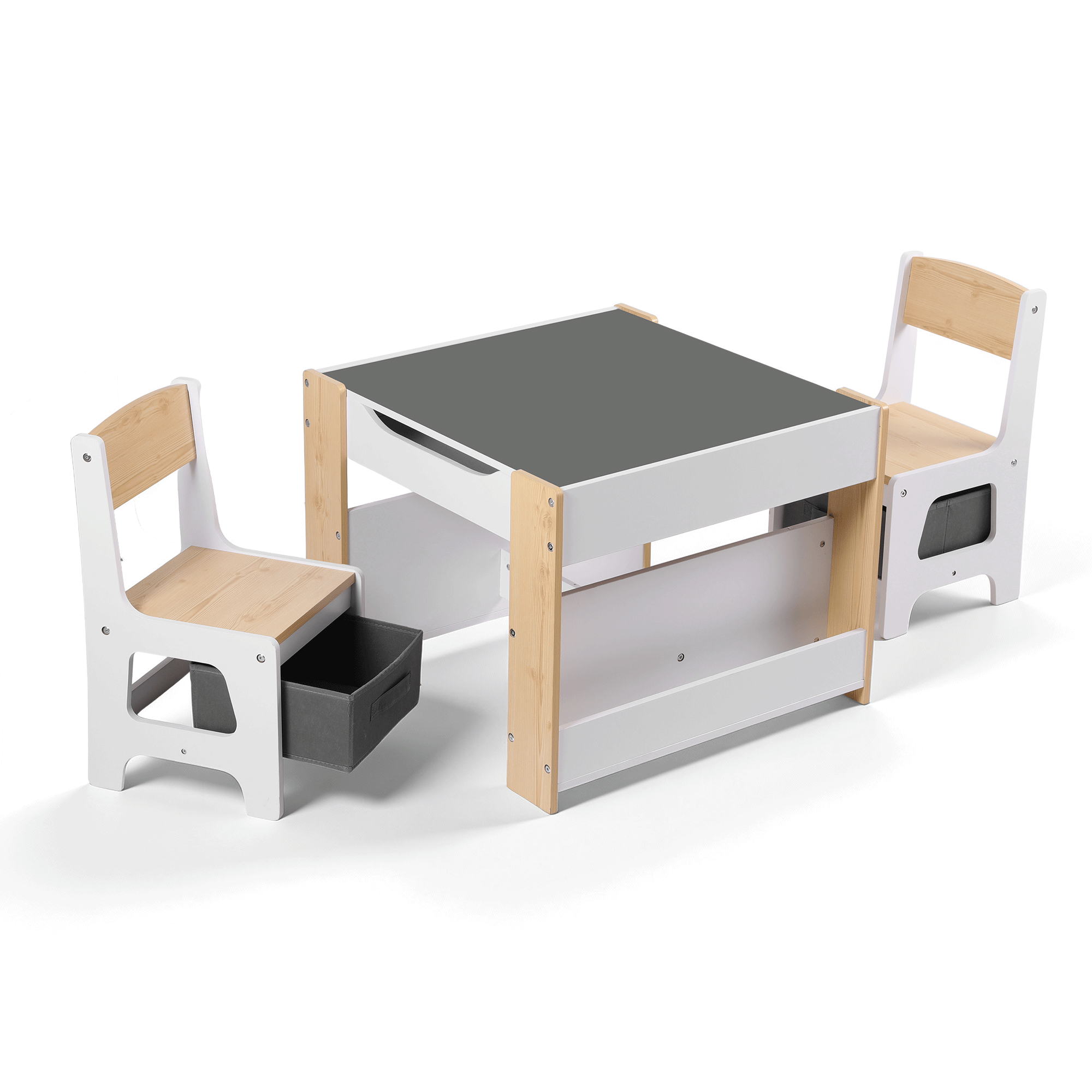 Keezi Kids Table and Chair Set, 4 in 1 Wooden Activity Table with Bookcase, Storage Box and Detachable Blackboard, Toddler Table and 2 Chairs Set, Natural - Image 1
