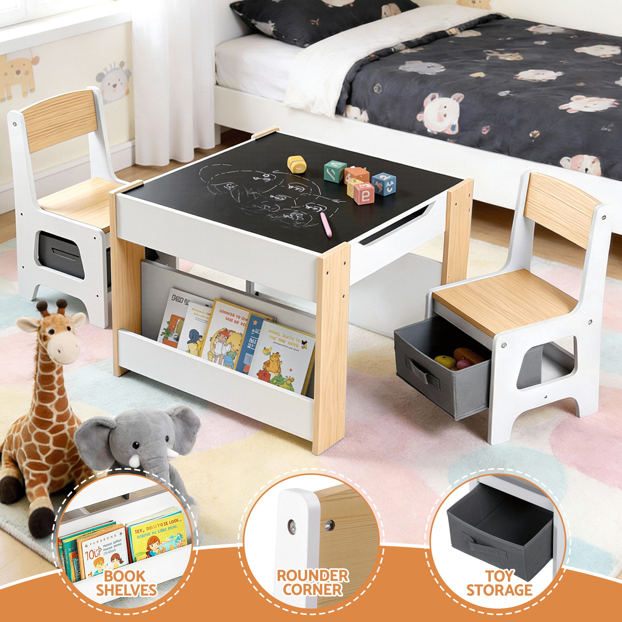 Keezi Kids Table and Chair Set, 4 in 1 Wooden Activity Table with Bookcase, Storage Box and Detachable Blackboard, Toddler Table and 2 Chairs Set, Natural - Image 7
