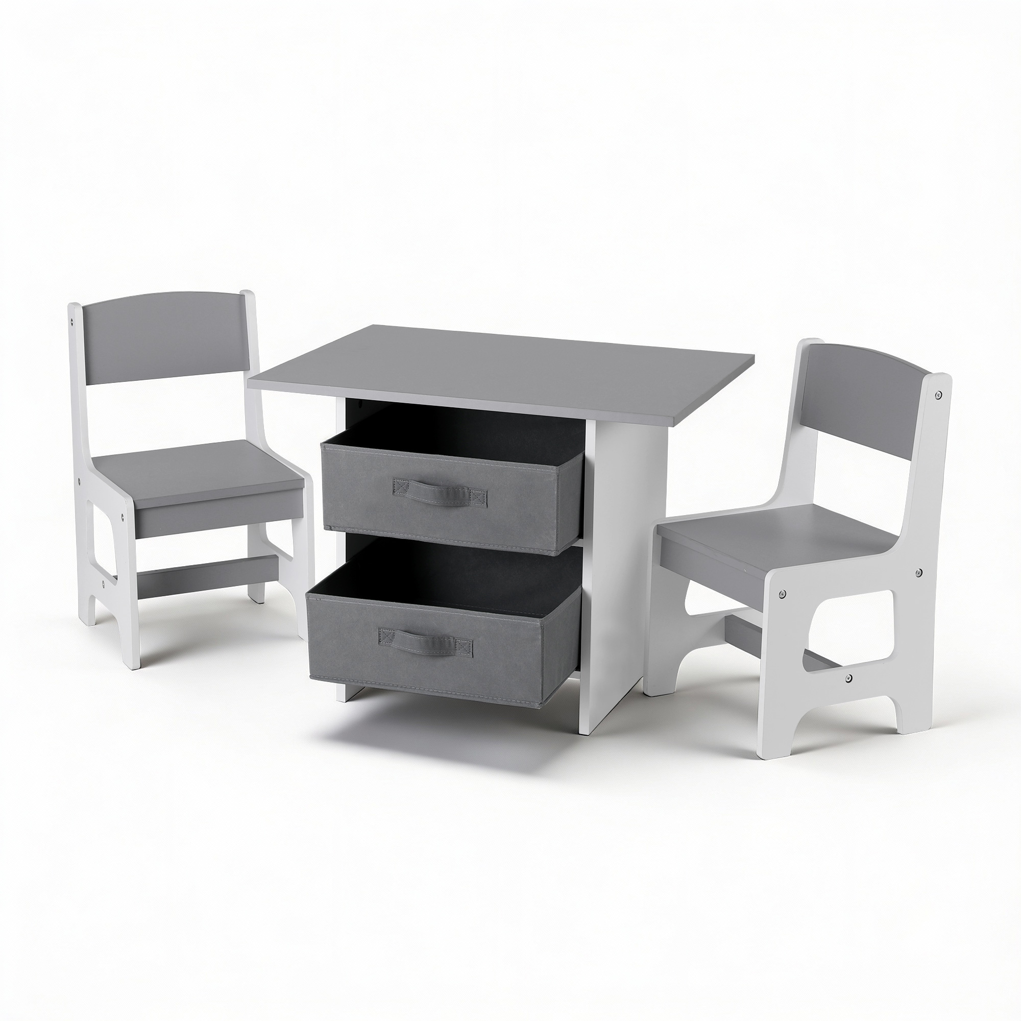 Keezi Kids Table and 2 Chairs Set Wooden Activity Table wit 2 Storage Drawers, Toddler Table and Chair Set for Children Drawing, Reading, Crafts, Eating, Grey - Image 1