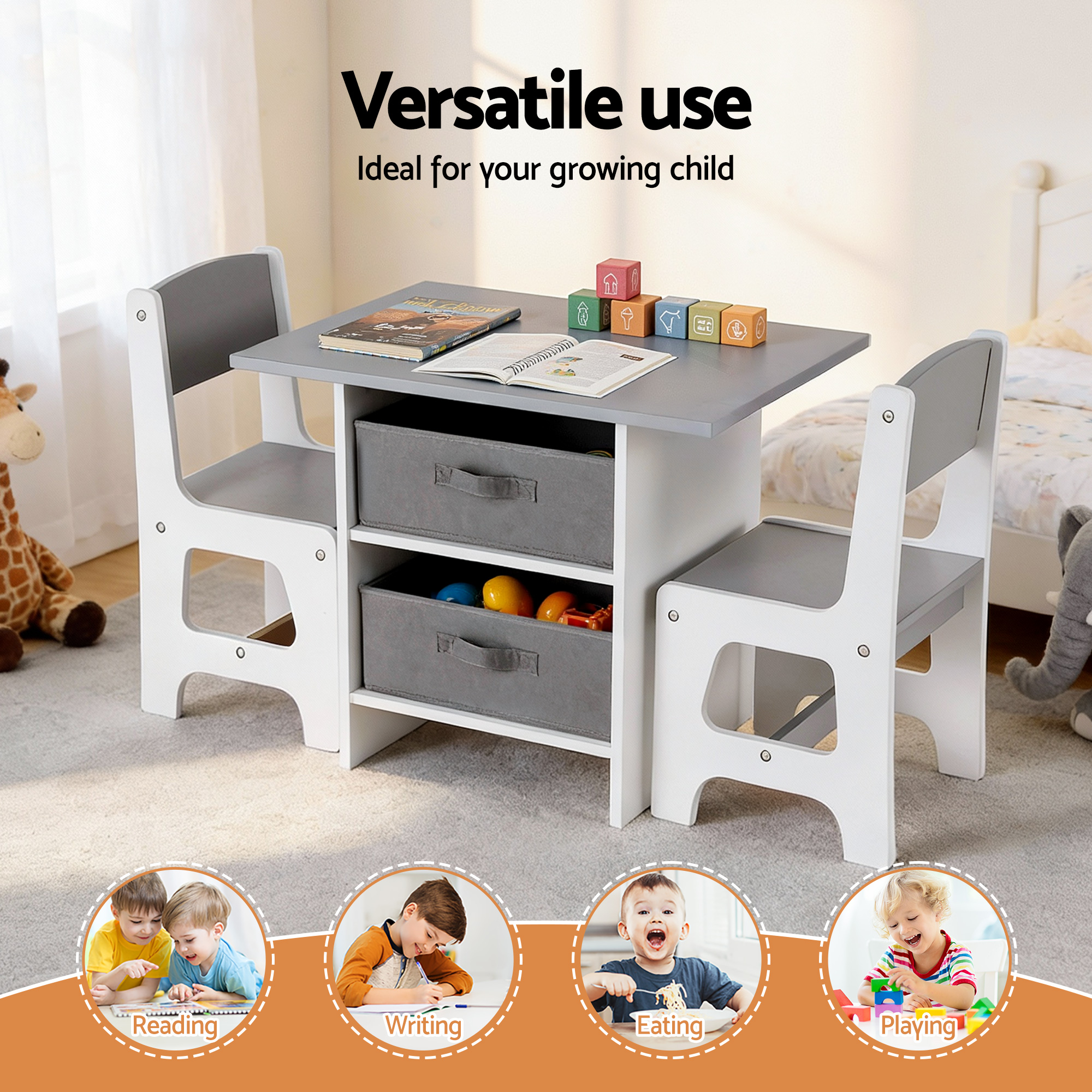 Keezi Kids Table and 2 Chairs Set Wooden Activity Table wit 2 Storage Drawers, Toddler Table and Chair Set for Children Drawing, Reading, Crafts, Eating, Grey - Image 5