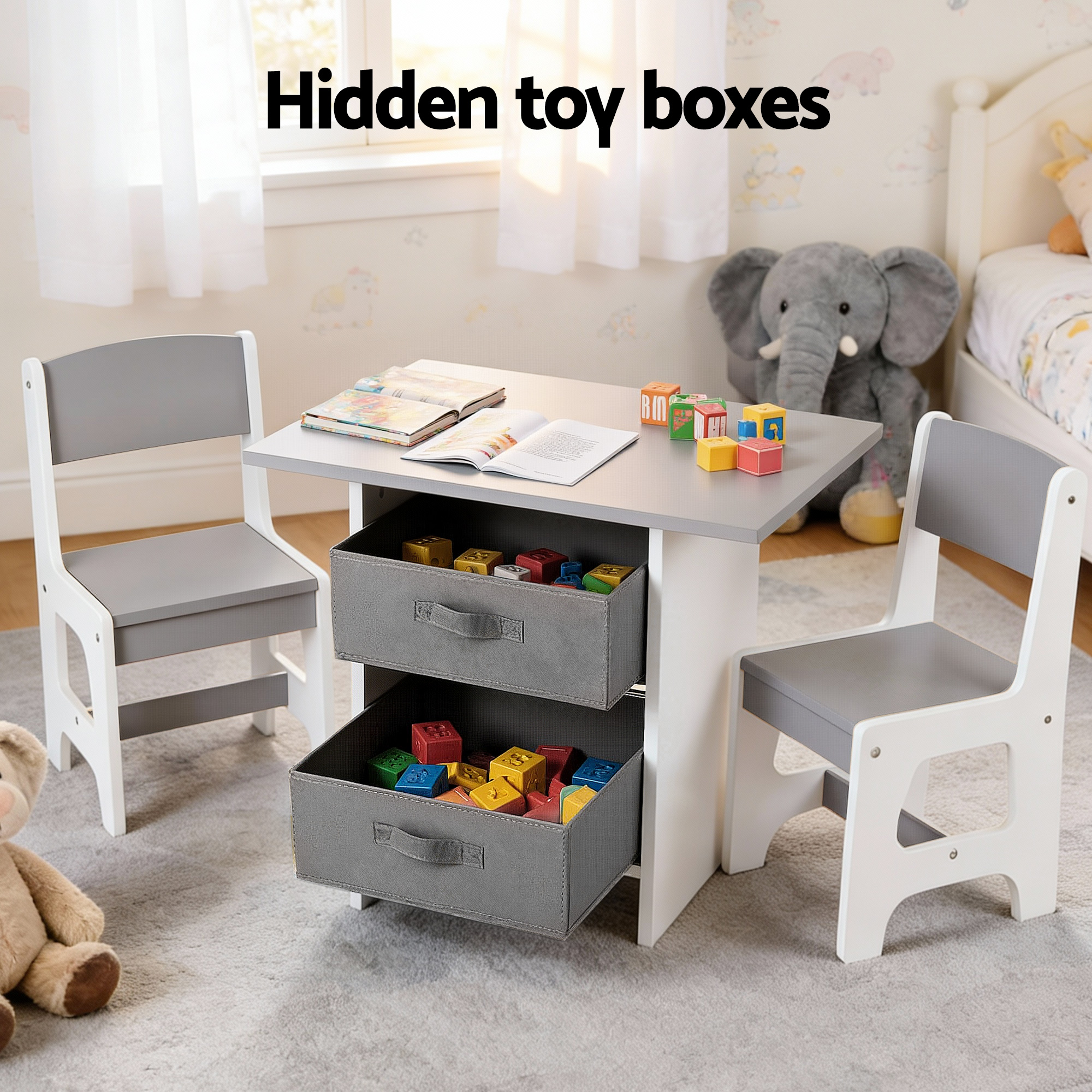 Keezi Kids Table and 2 Chairs Set Wooden Activity Table wit 2 Storage Drawers, Toddler Table and Chair Set for Children Drawing, Reading, Crafts, Eating, Grey - Image 6
