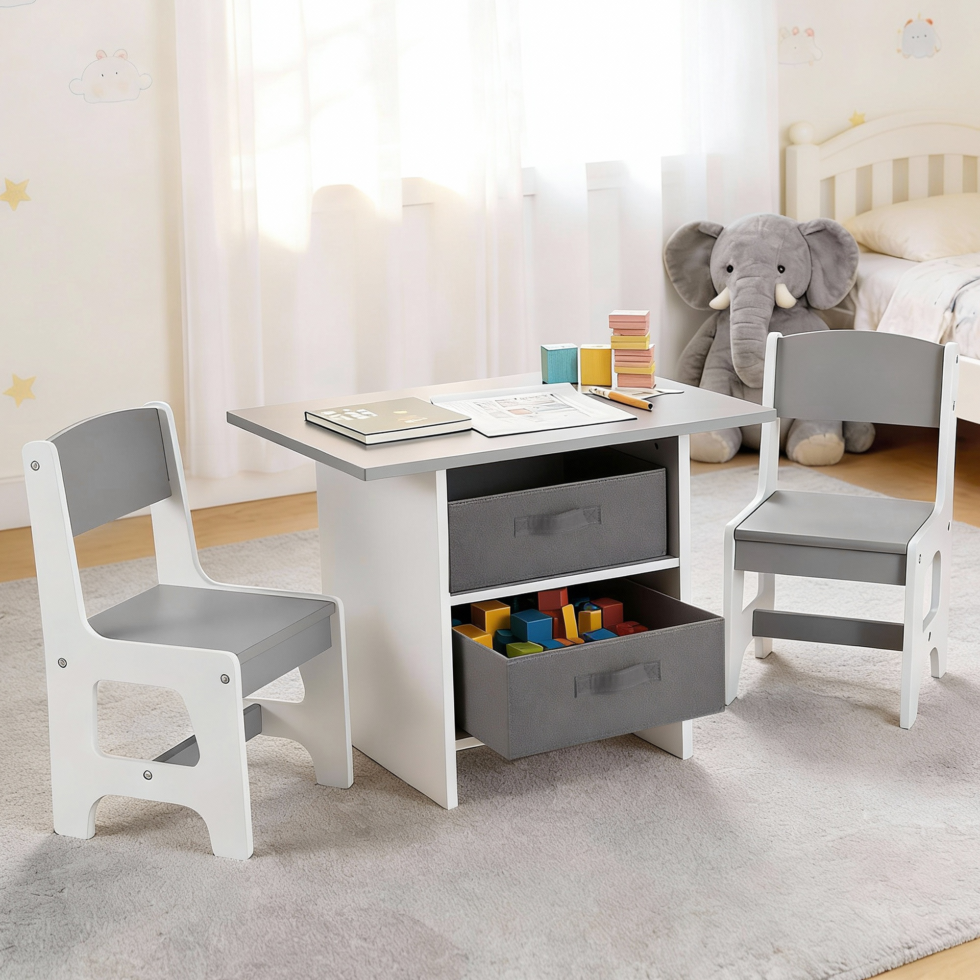 Keezi Kids Table and 2 Chairs Set Wooden Activity Table wit 2 Storage Drawers, Toddler Table and Chair Set for Children Drawing, Reading, Crafts, Eating, Grey - Image 7