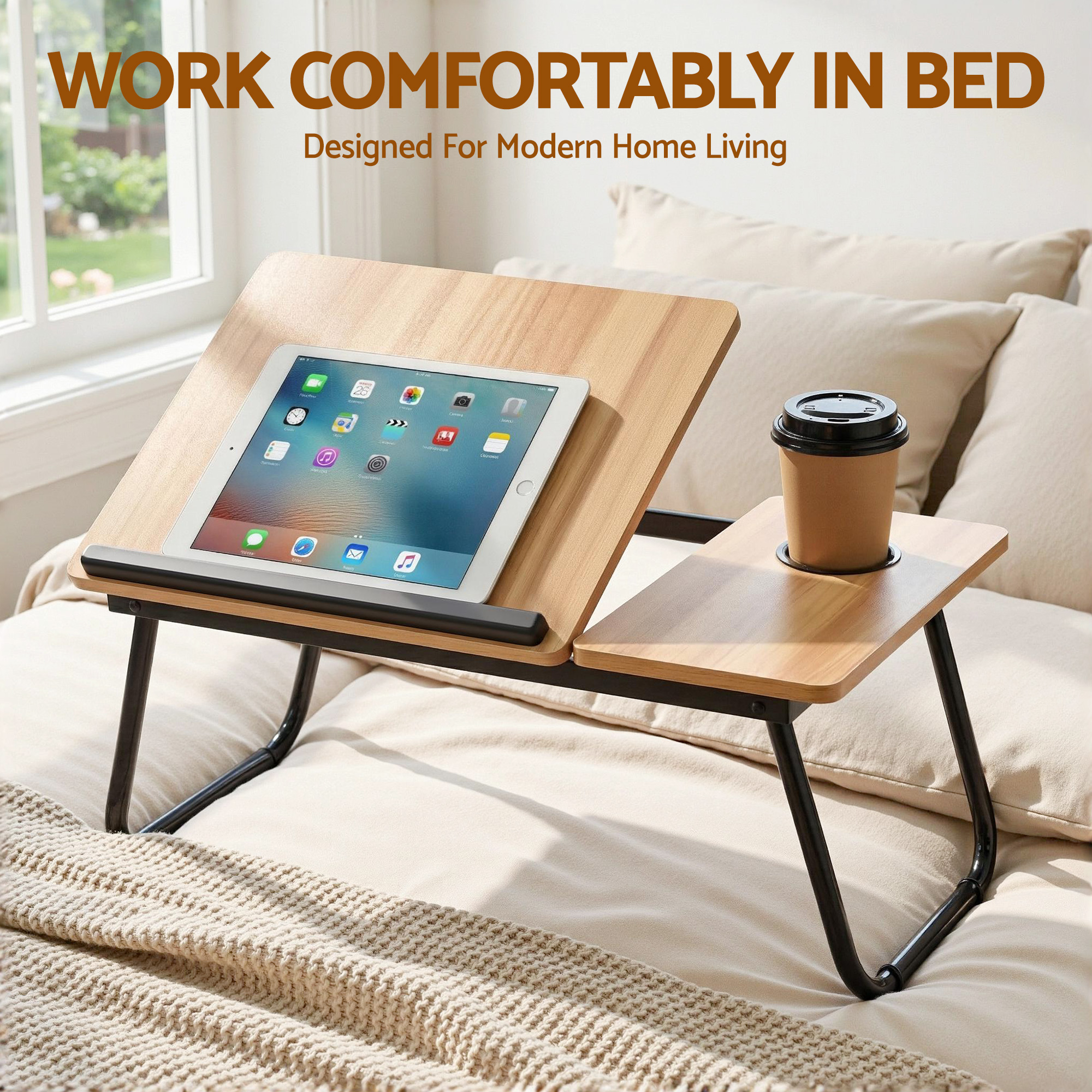 Artiss Laptop Desk Bed Table Foldable Portable Desktop Oak - Image 4