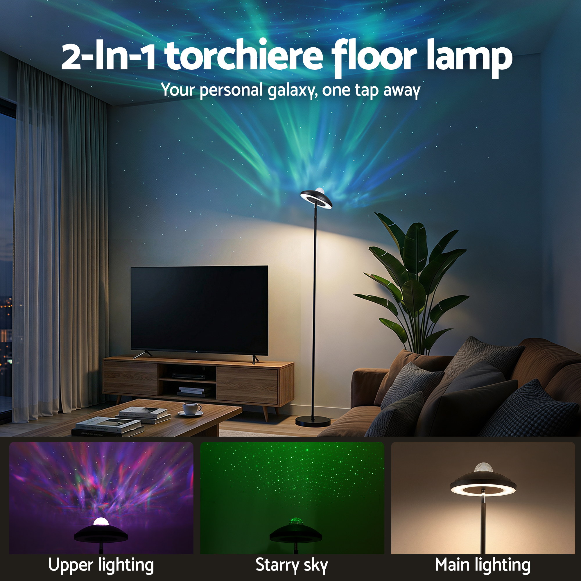 Artiss 2-in-1 LED Floor Lamp with Galaxy Projector &Remote, 178cm Tall Torchiere Standing Light with Dynamic RGB Aurora Stepless 4 Colour Temperatures, 1H Timer for Living Room, Bedroom Kids Room - Image 4