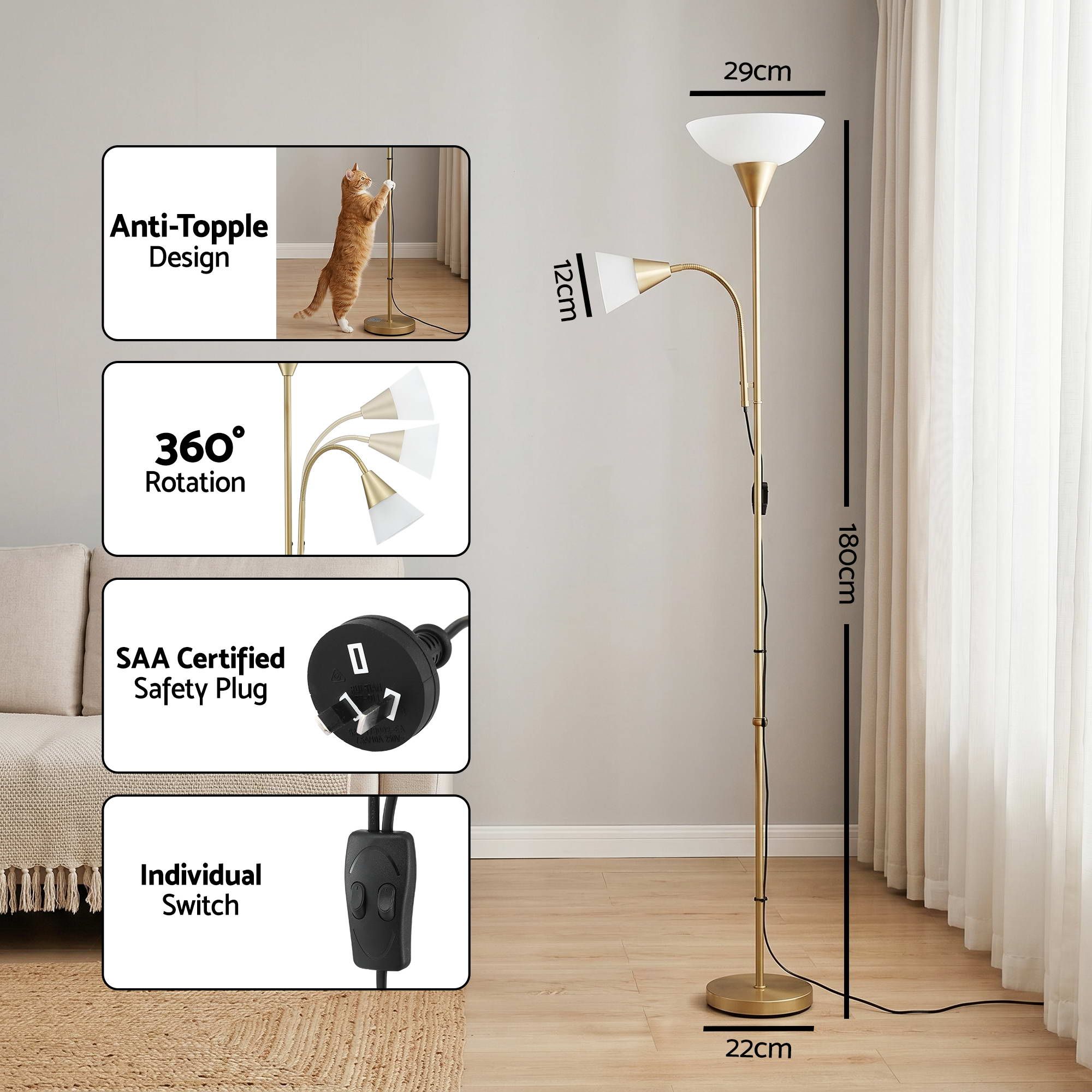 Artiss Gold Floor Lamp with Reading Light | Mother and Child Standing Lamp with 360 Flexible Gooseneck, Individual Switch & Plate Shade, E27 & E14 Bulb (Not Included) Home Living Room Office Reading - Image 2