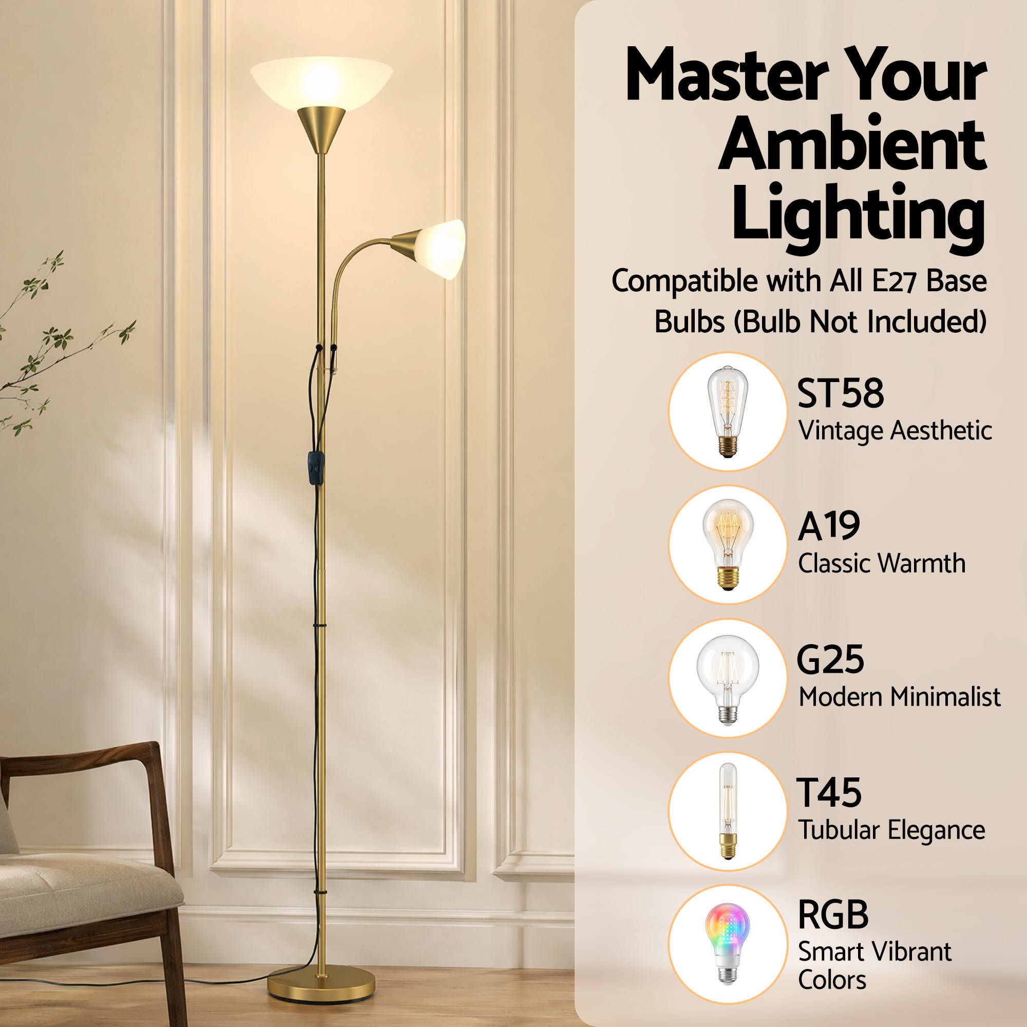 Artiss Gold Floor Lamp with Reading Light | Mother and Child Standing Lamp with 360 Flexible Gooseneck, Individual Switch & Plate Shade, E27 & E14 Bulb (Not Included) Home Living Room Office Reading - Image 5