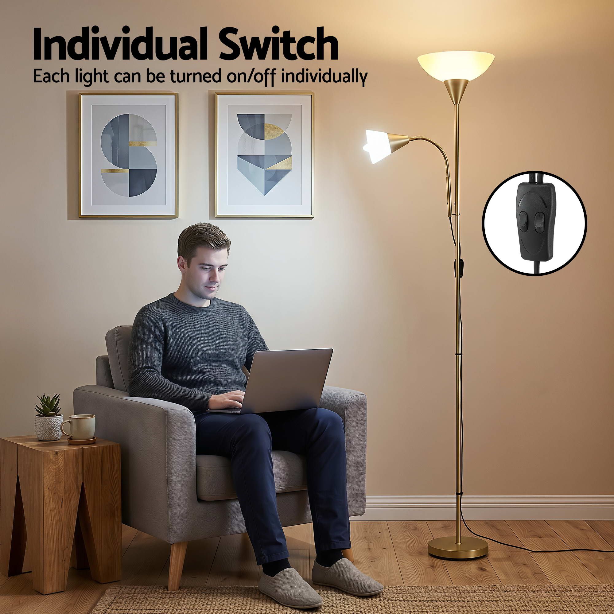 Artiss Gold Floor Lamp with Reading Light | Mother and Child Standing Lamp with 360 Flexible Gooseneck, Individual Switch & Plate Shade, E27 & E14 Bulb (Not Included) Home Living Room Office Reading - Image 6