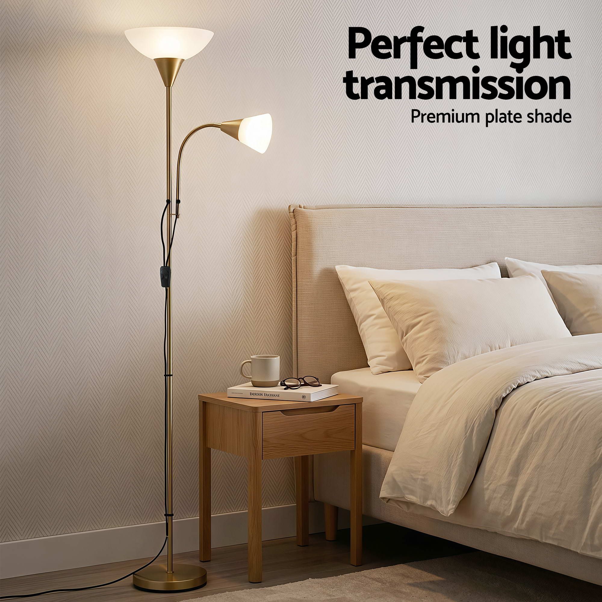 Artiss Gold Floor Lamp with Reading Light | Mother and Child Standing Lamp with 360 Flexible Gooseneck, Individual Switch & Plate Shade, E27 & E14 Bulb (Not Included) Home Living Room Office Reading - Image 7
