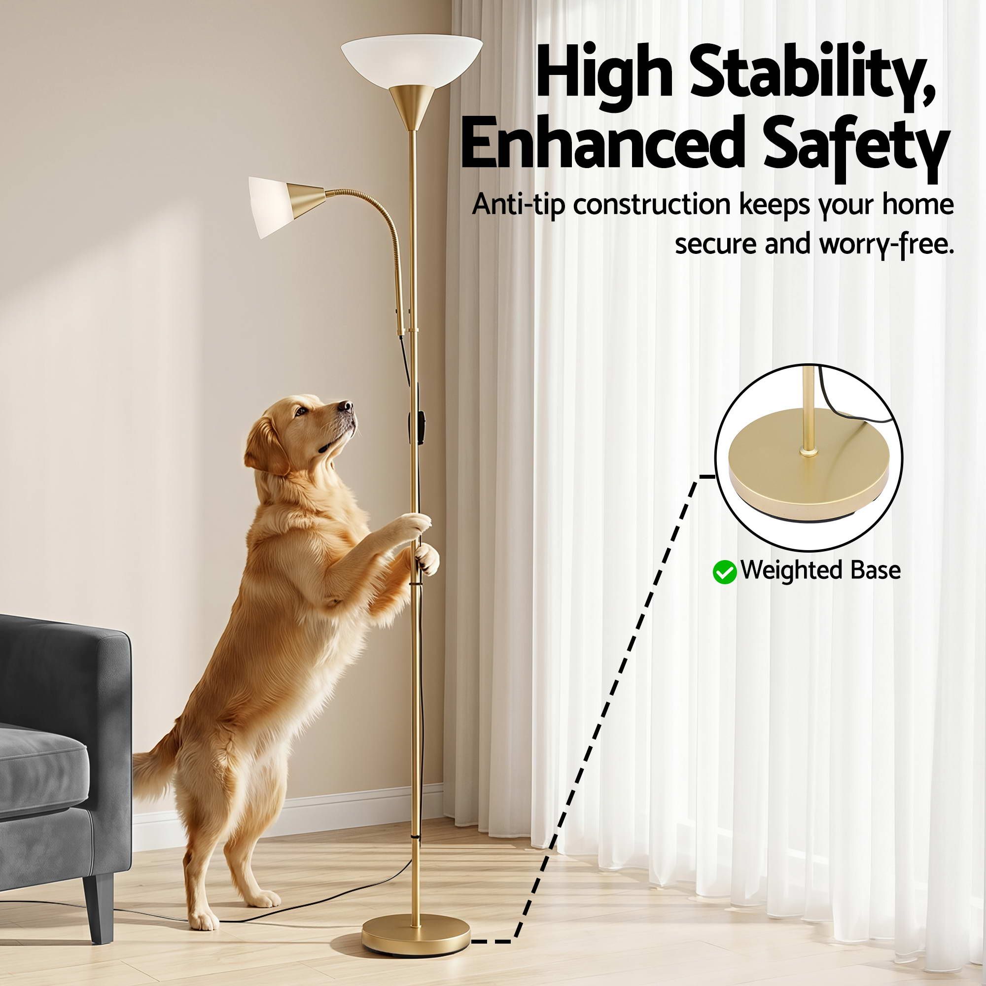 Artiss Gold Floor Lamp with Reading Light | Mother and Child Standing Lamp with 360 Flexible Gooseneck, Individual Switch & Plate Shade, E27 & E14 Bulb (Not Included) Home Living Room Office Reading - Image 8