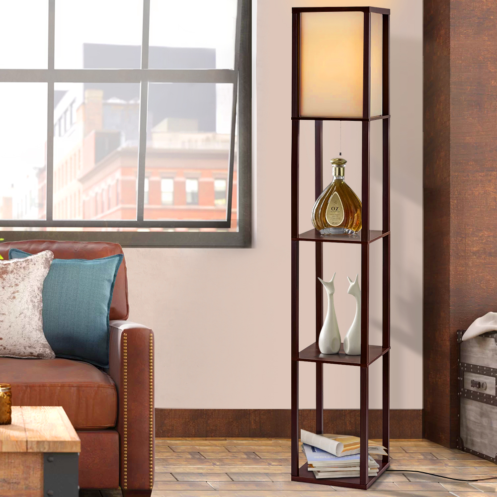 Artiss Floor Lamp 3 Tier Shelf Storage LED Light Stand Home Room Vintage Brown - Image 1