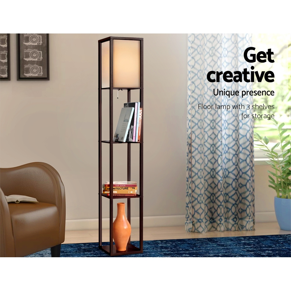 Artiss Floor Lamp 3 Tier Shelf Storage LED Light Stand Home Room Vintage Brown - Image 4