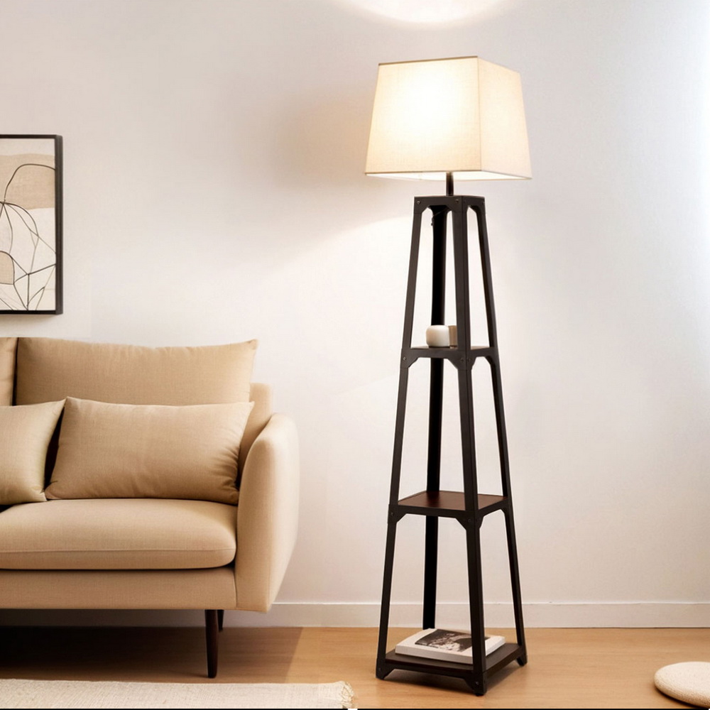 Artiss Floor Lamp 3 Tier Shelf Storage LED Light Stand Home Room Vintage White - Image 7
