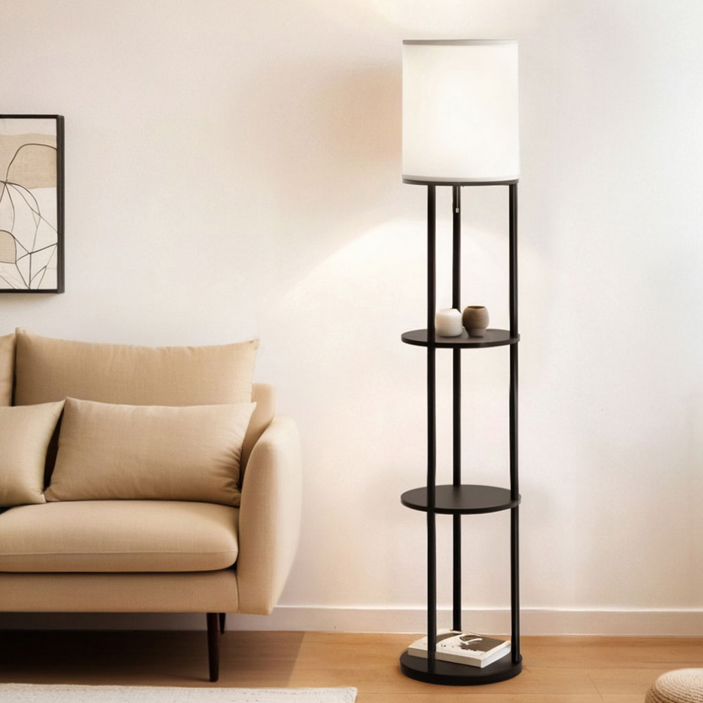 Artiss Floor Lamp 3 Tier Shelf Storage LED Light Stand Home Room Vintage Round - Image 7