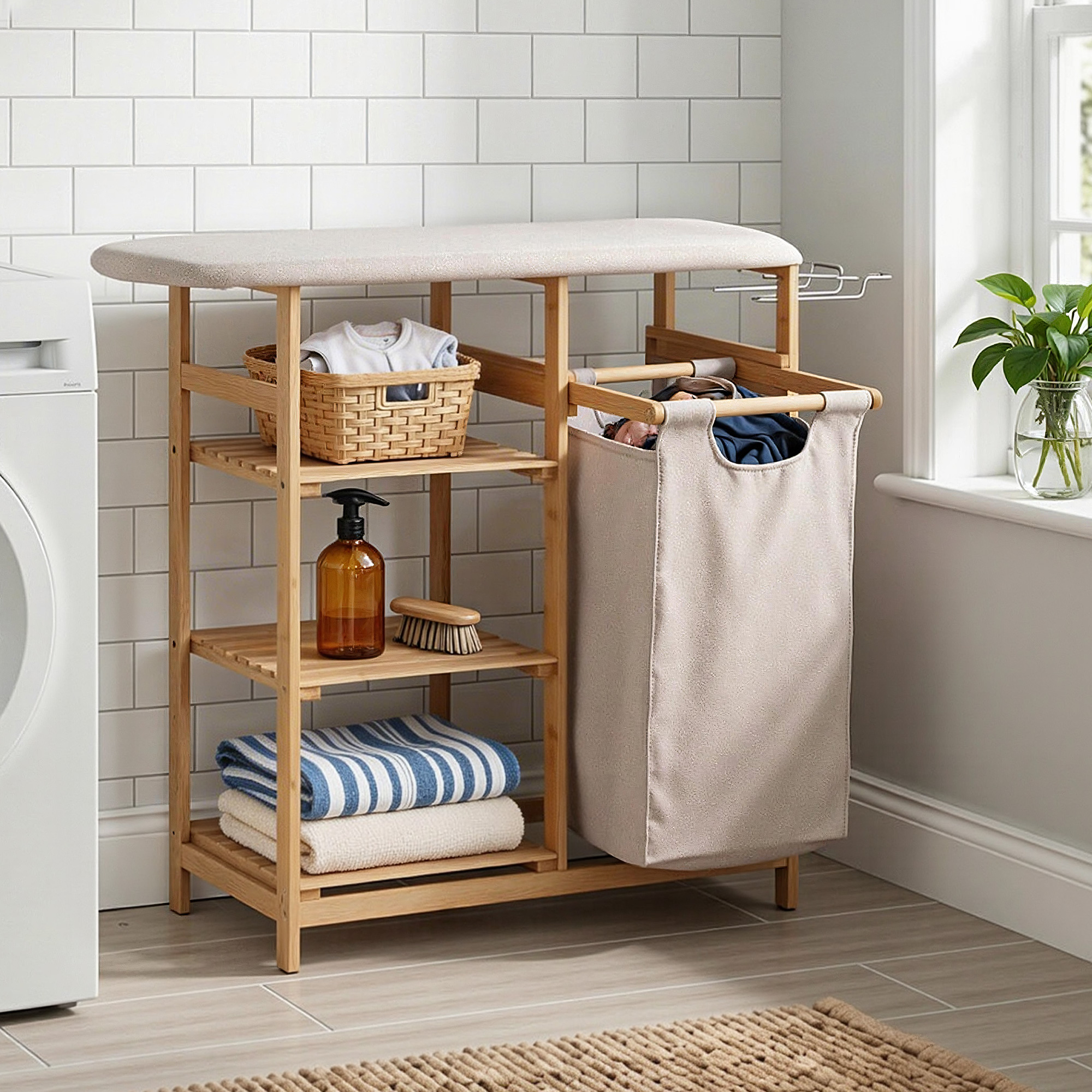 Artiss Laundry Basket Hamper with Ironing Board Bamboo - Image 1