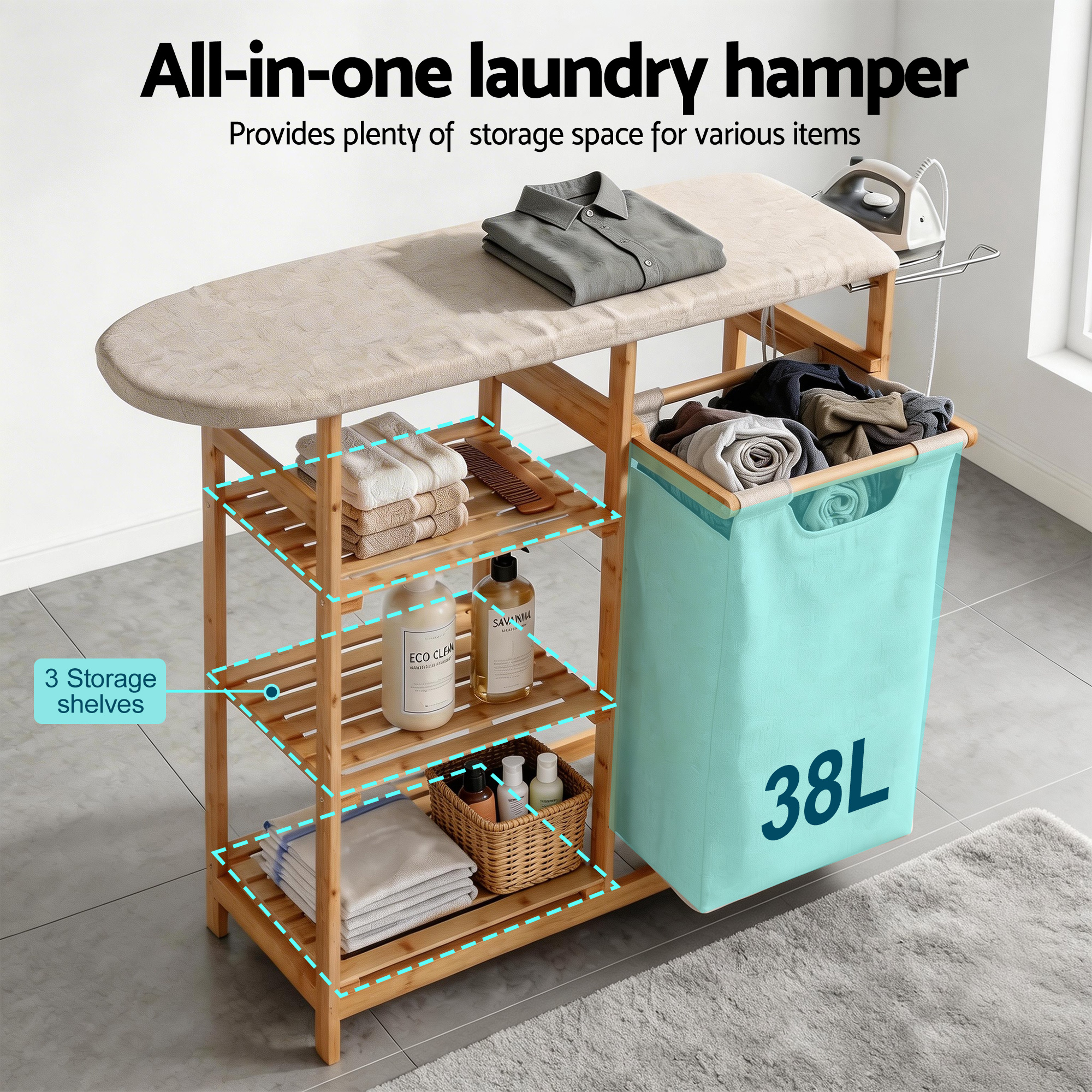 Artiss Laundry Basket Hamper with Ironing Board Bamboo - Image 5