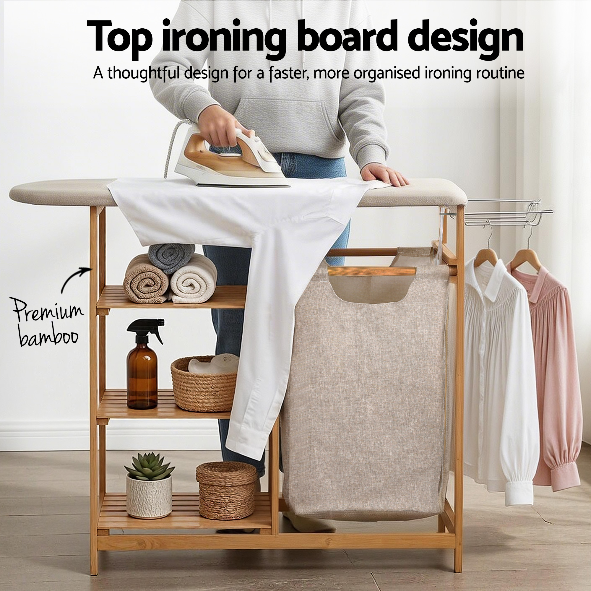 Artiss Laundry Basket Hamper with Ironing Board Bamboo - Image 6