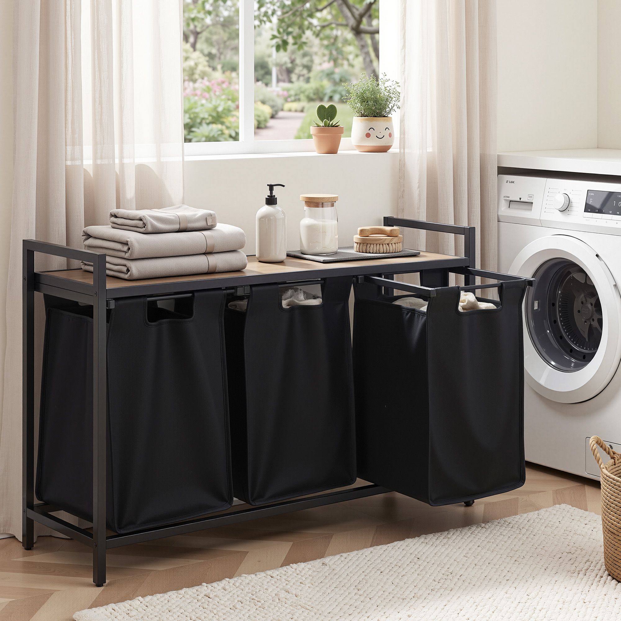 Artiss Laundry Basket with 3 Pull-out Bags Metal Frame Black - Image 1