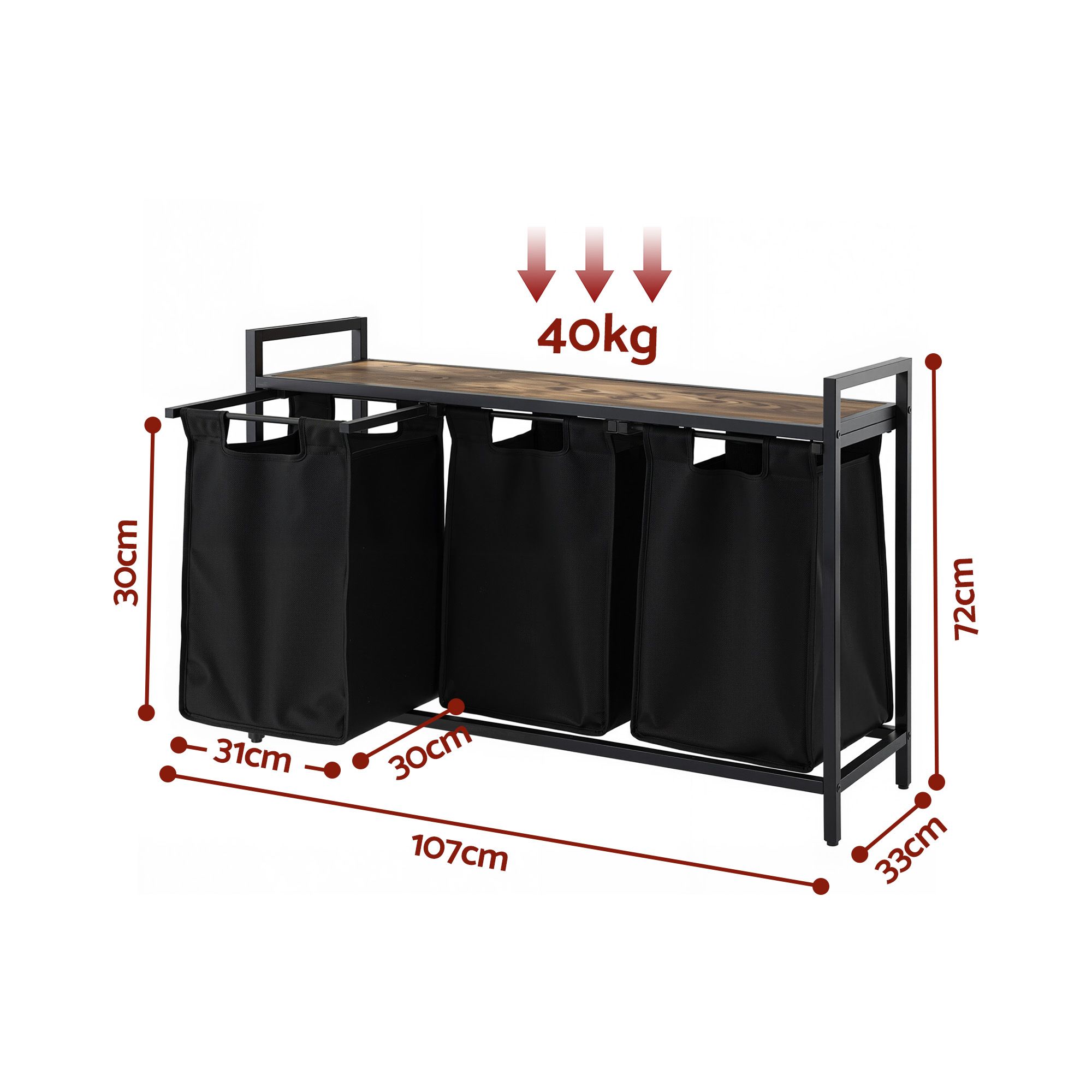 Artiss Laundry Basket with 3 Pull-out Bags Metal Frame Black - Image 3