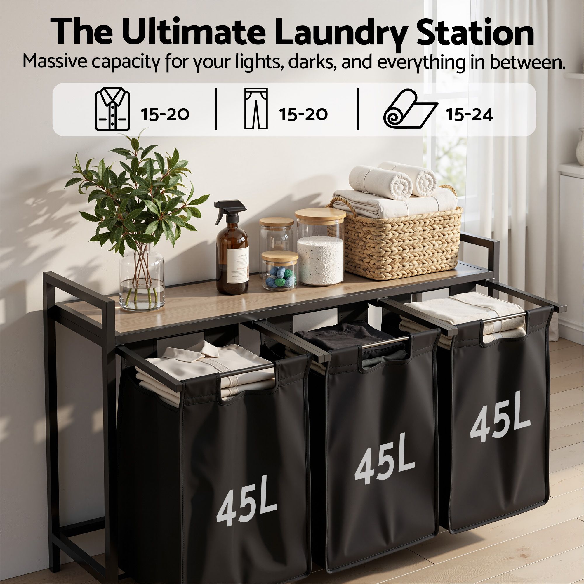 Artiss Laundry Basket with 3 Pull-out Bags Metal Frame Black - Image 6