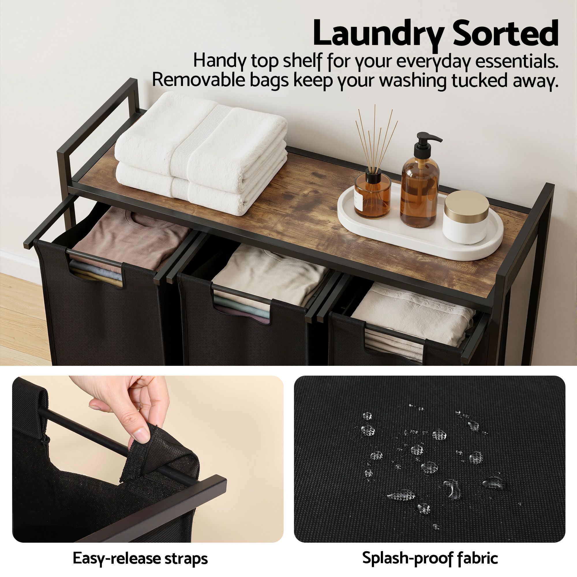 Artiss Laundry Basket with 3 Pull-out Bags Metal Frame Black - Image 7