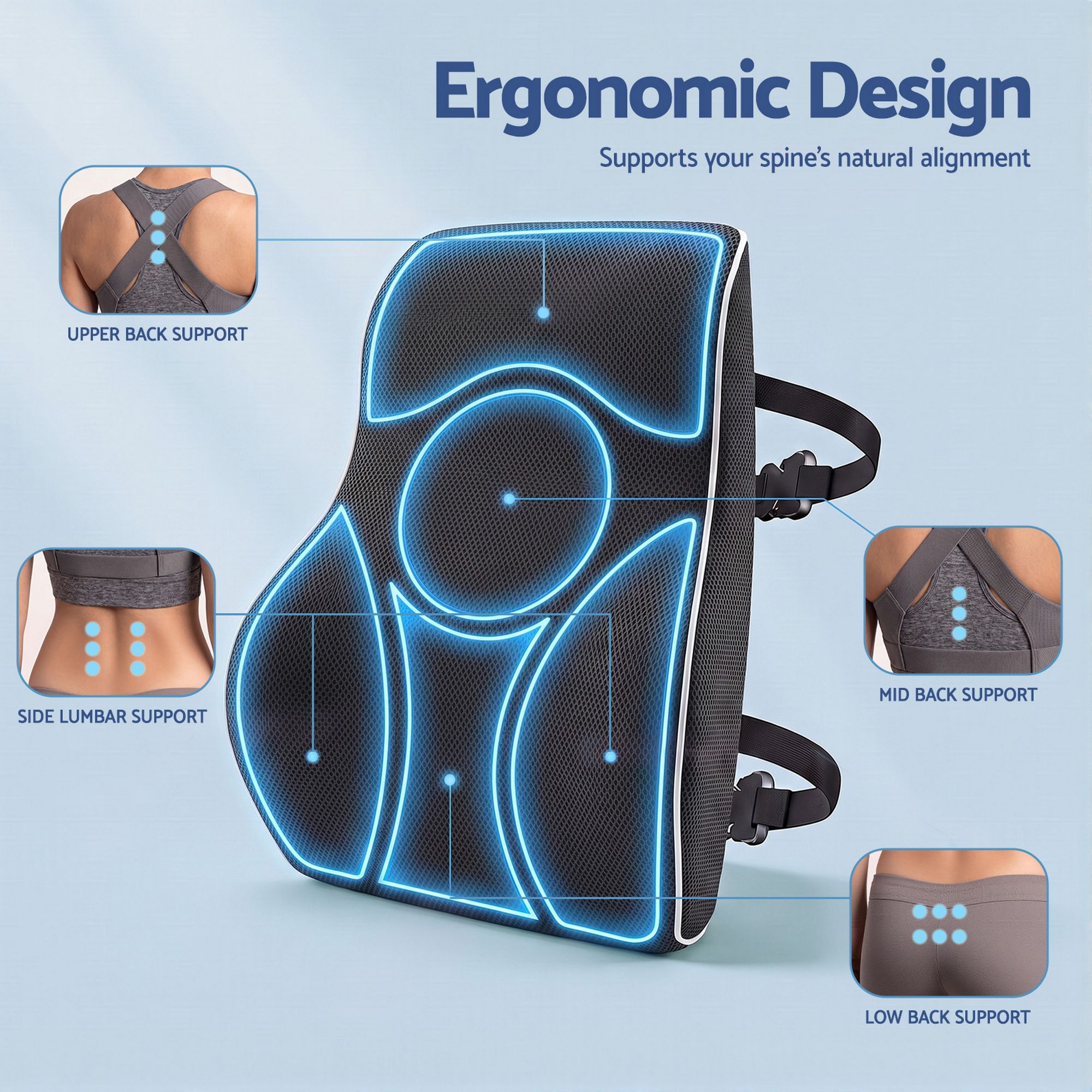 Artiss Ergonomic Lumbar Support Cushion for Office Chair and Car Memory Foam Lumbar Pillow for Back, Breathable Back Support Pillow with Adjustable Straps for Office Gaming Car Home - Image 5