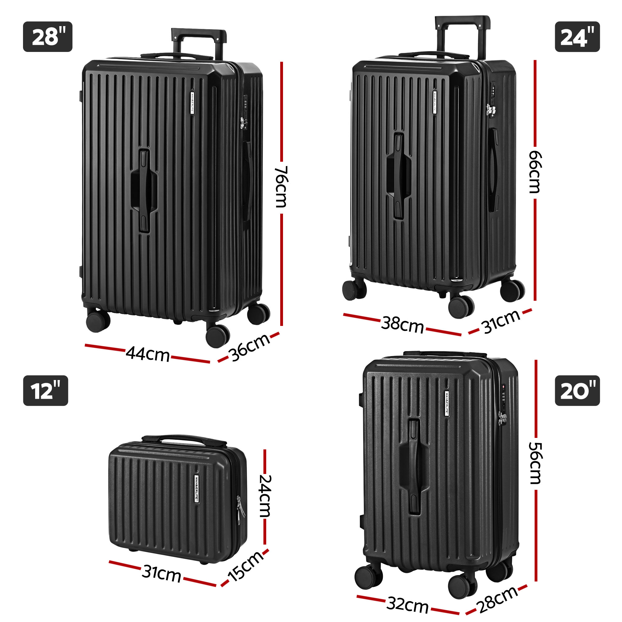 Wanderlite 4pcs Trunk Luggage Suitcase Set Travel Carry On TSA Lock Black - Image 2