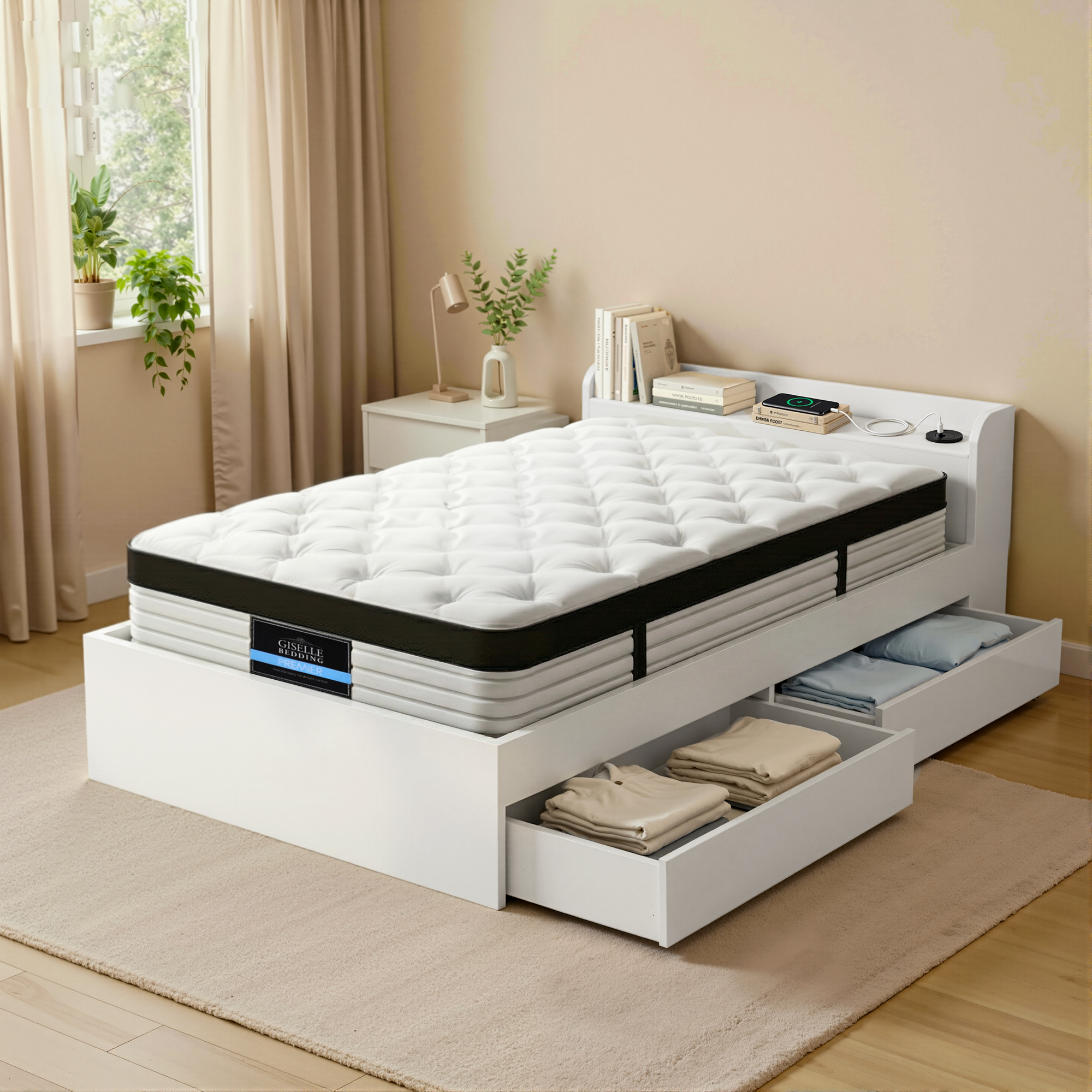 Giselle Single Mattress 5-zone Pocket Spring Mattresses with Artiss Wooden Storage Bed Frame Set - Image 1