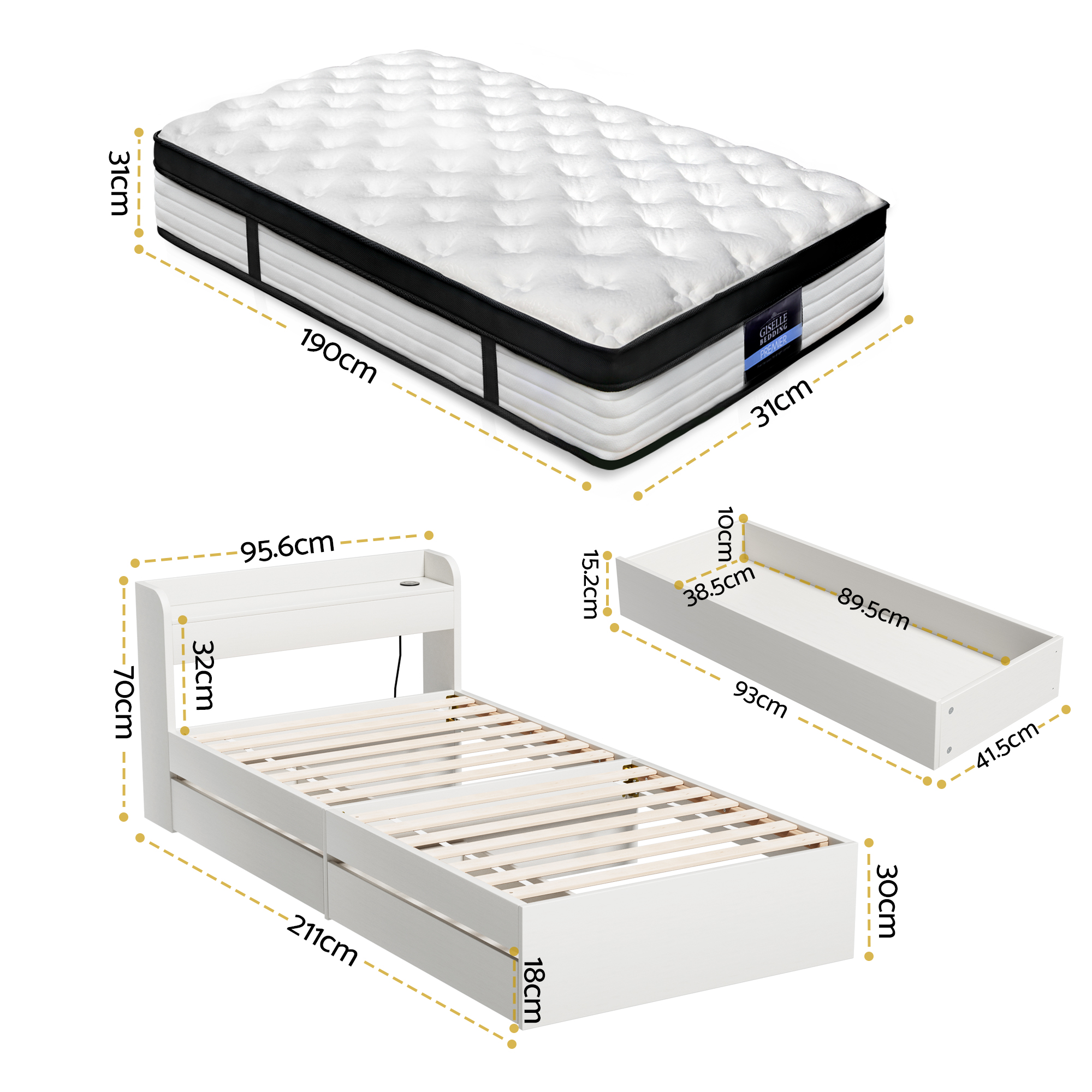Giselle Single Mattress 5-zone Pocket Spring Mattresses with Artiss Wooden Storage Bed Frame Set - Image 3