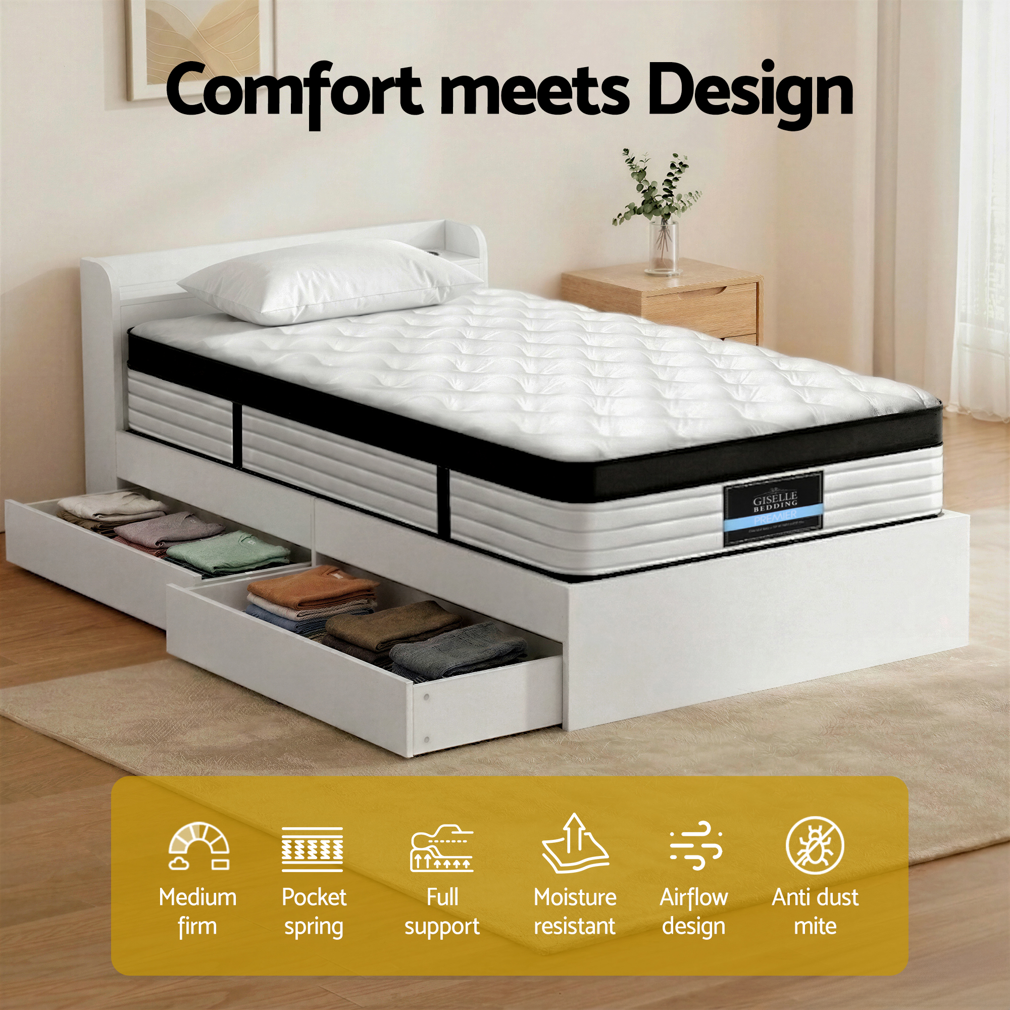 Giselle Single Mattress 5-zone Pocket Spring Mattresses with Artiss Wooden Storage Bed Frame Set - Image 5