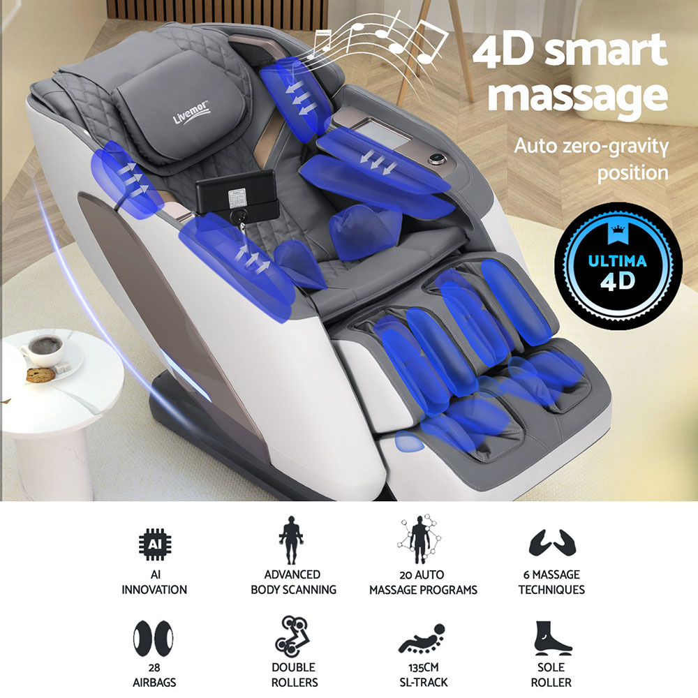 Livemor 4D Massage Chair Electric Recliner Double Core Mechanism Massager Melisa White - Image 4