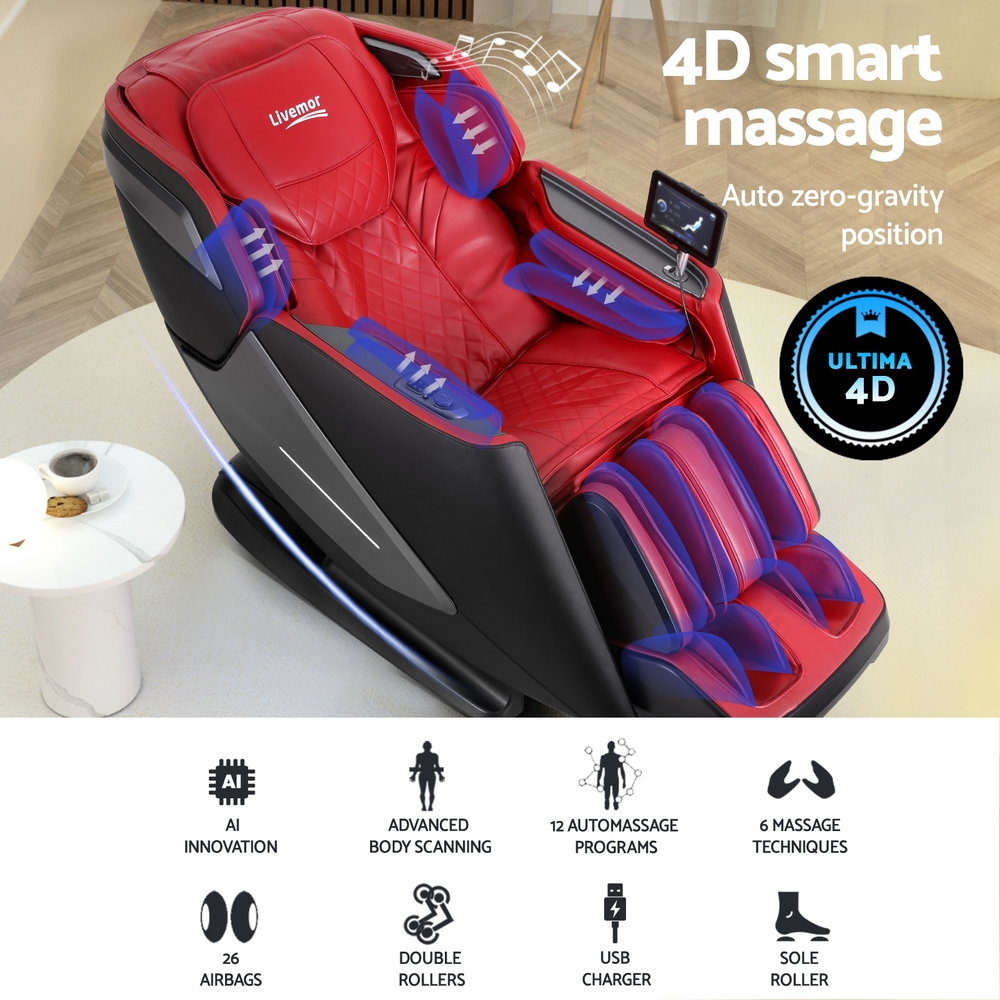 Livemor 4D Massage Chair Electric Recliner Home Massager Red - Image 4