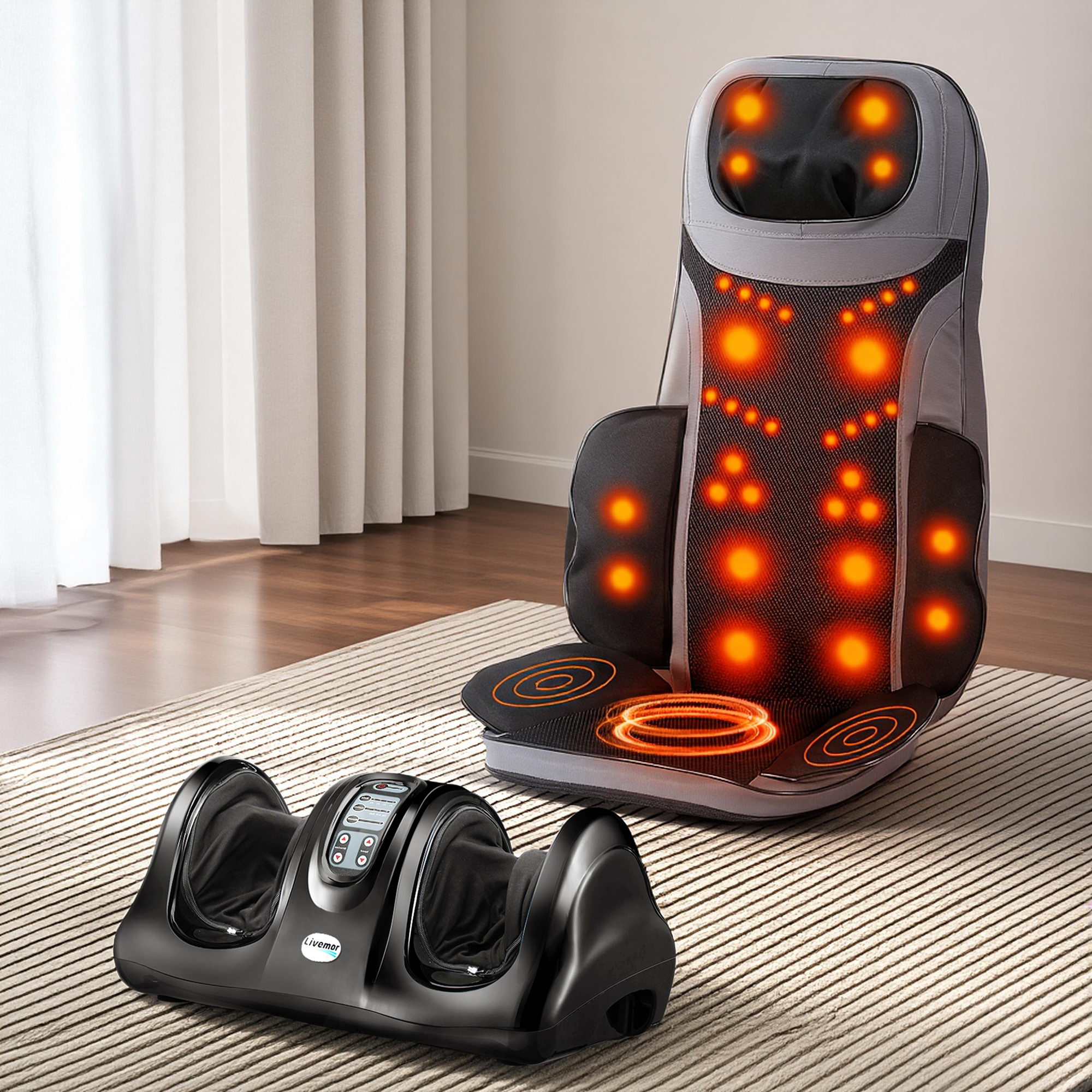 Livemor 8-nodes Full Back Massage Seat Cushion Heating With Foot Massagers - Image 1