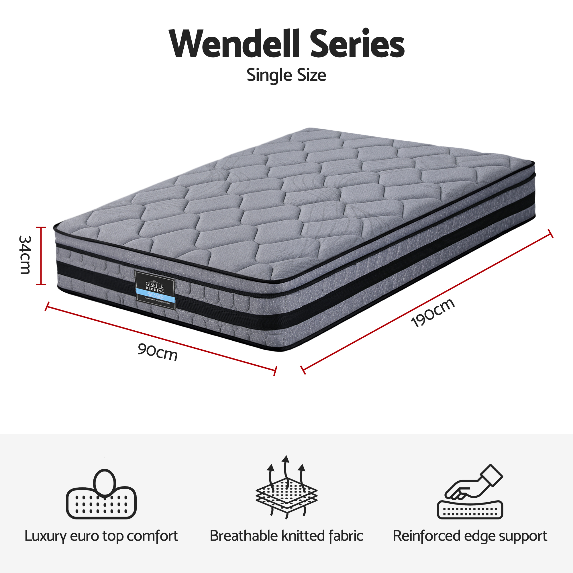 Giselle Bedding 34cm Single Mattress Hybrid, Pocket Spring Bed Mattress - Image 3