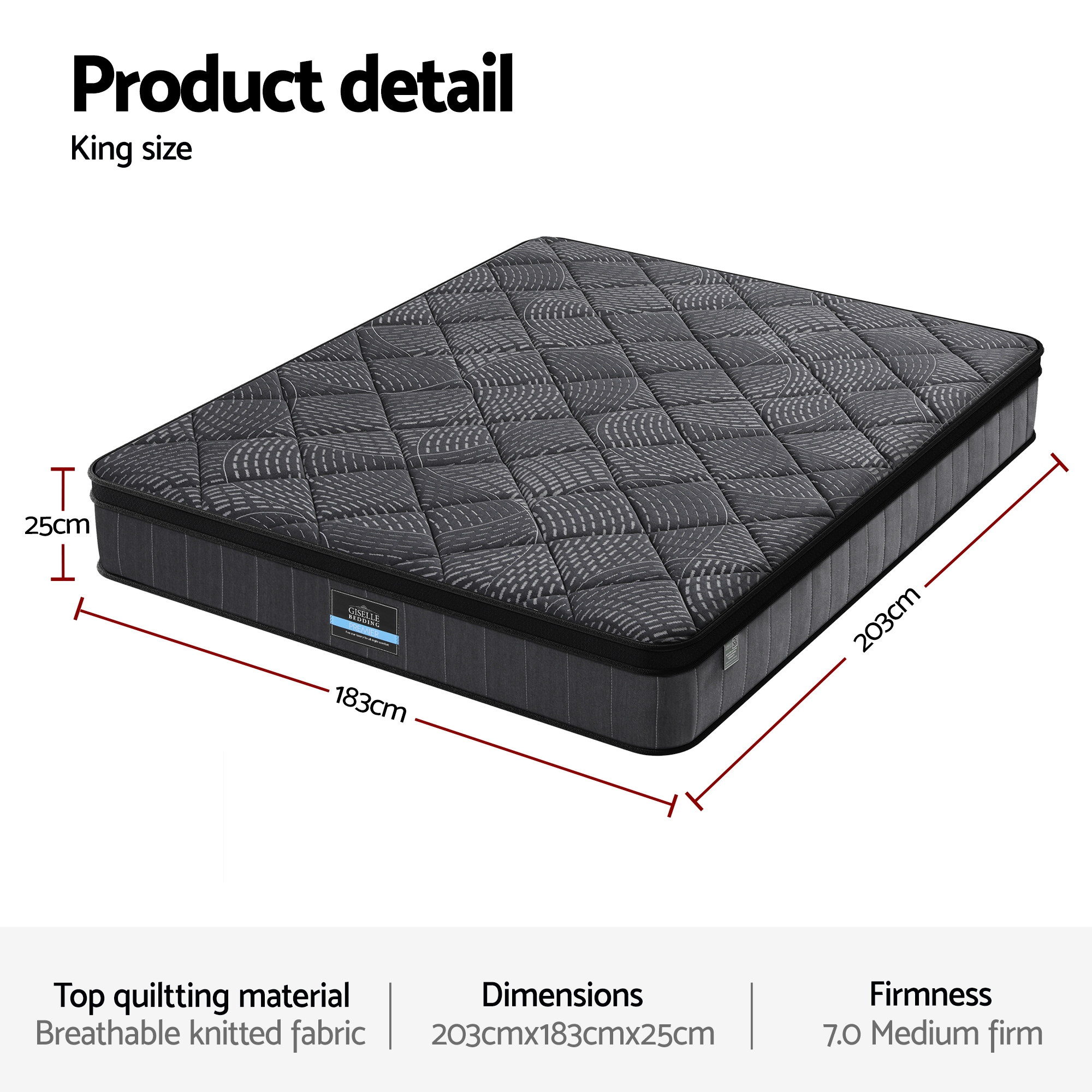 Giselle Bedding King Mattress 25cm Pocket Spring Latex Euro Top Medium Firm Bed - Image 3