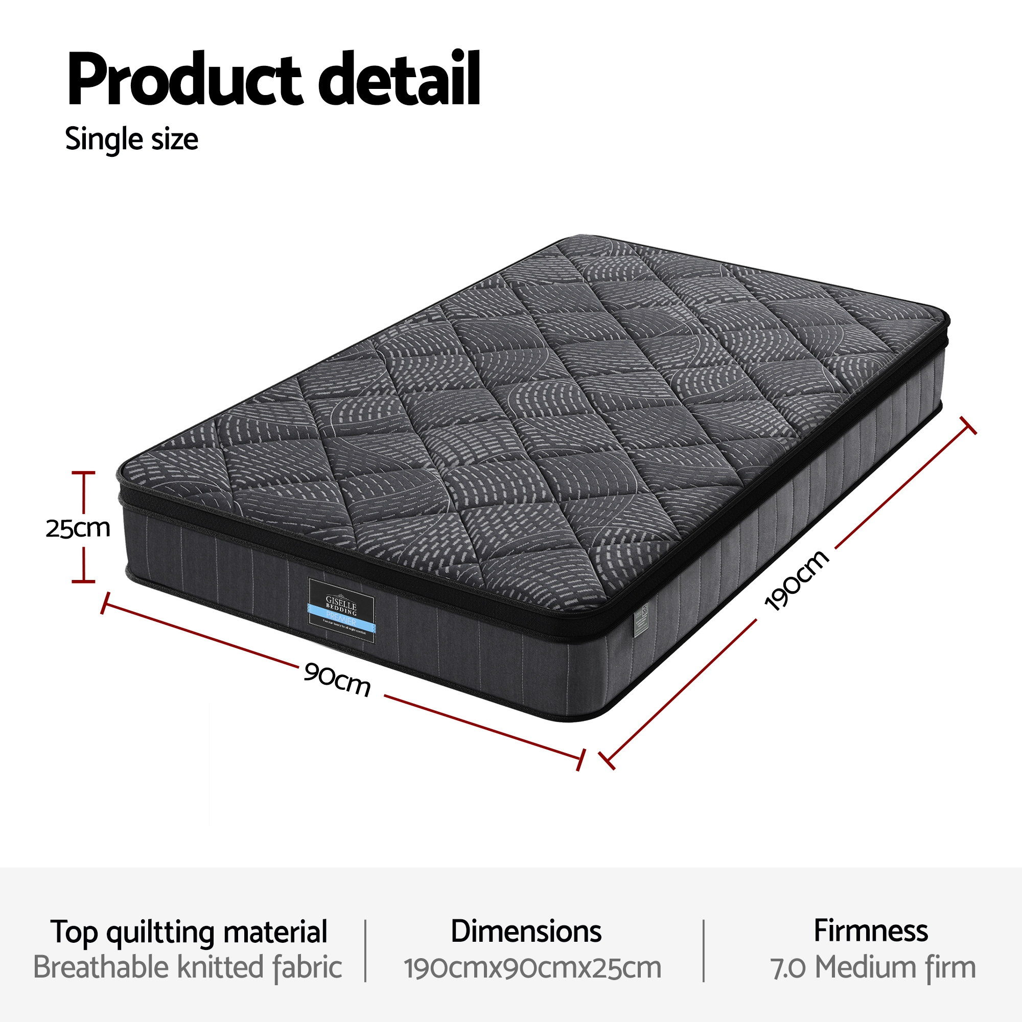 Giselle Bedding Single Mattress 25cm Pocket Spring Latex Euro Top Medium Firm Bed - Image 3