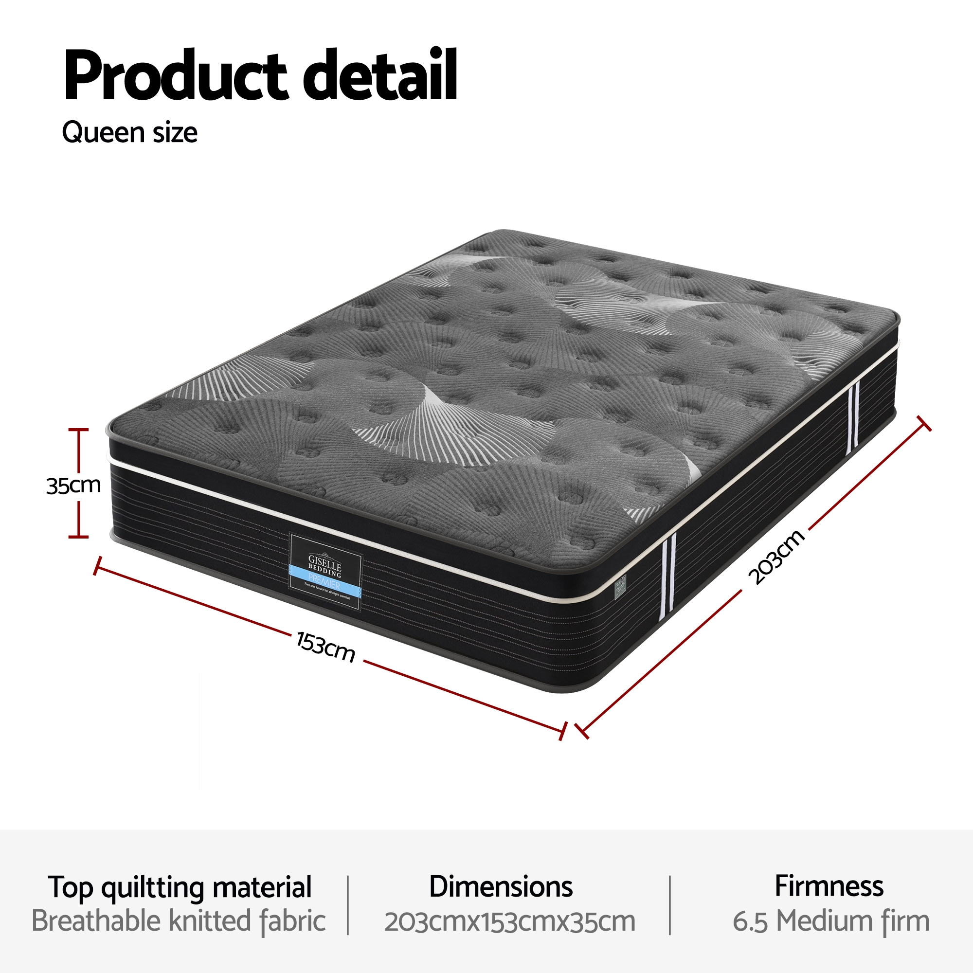 Giselle Bedding Queen Mattress 35cm Euro Top with Graphene Cooling Comfort Medium Firm - Image 3