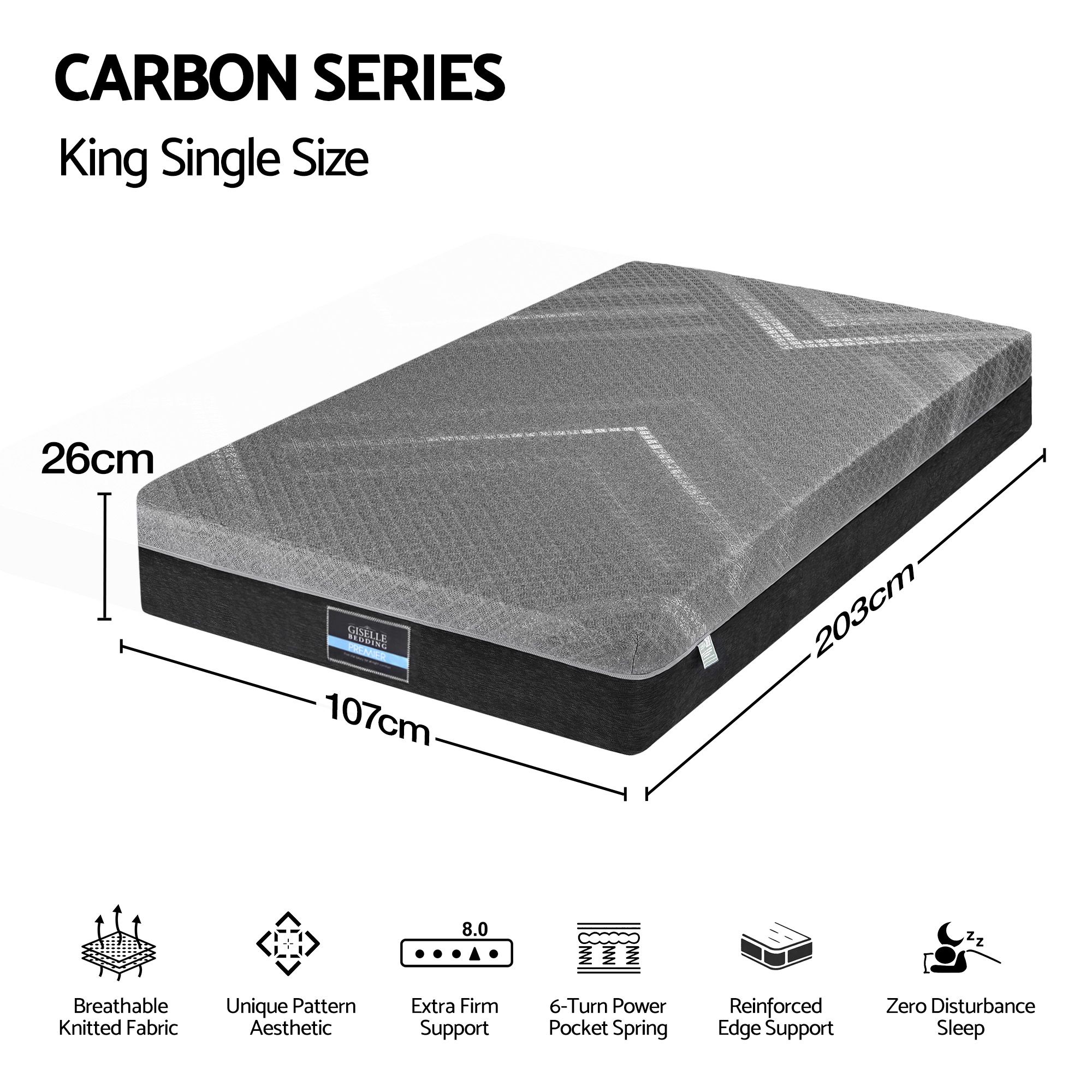 Giselle King Single Mattress 26cm Firm Pocket Spring Dual Edge Support Dark Grey - Image 2