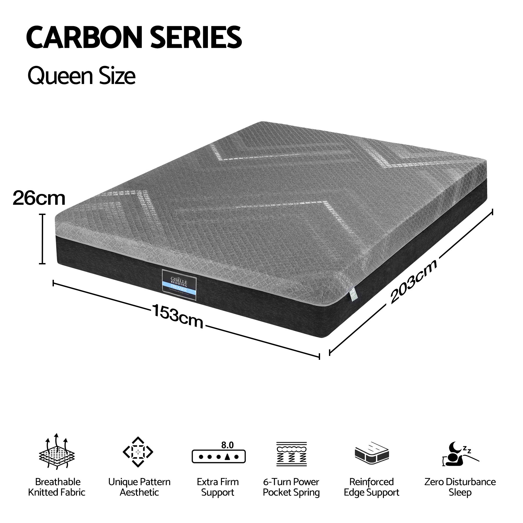 Giselle Queen Mattress 26cm Firm Pocket Spring Dual Edge Support Dark Grey - Image 2