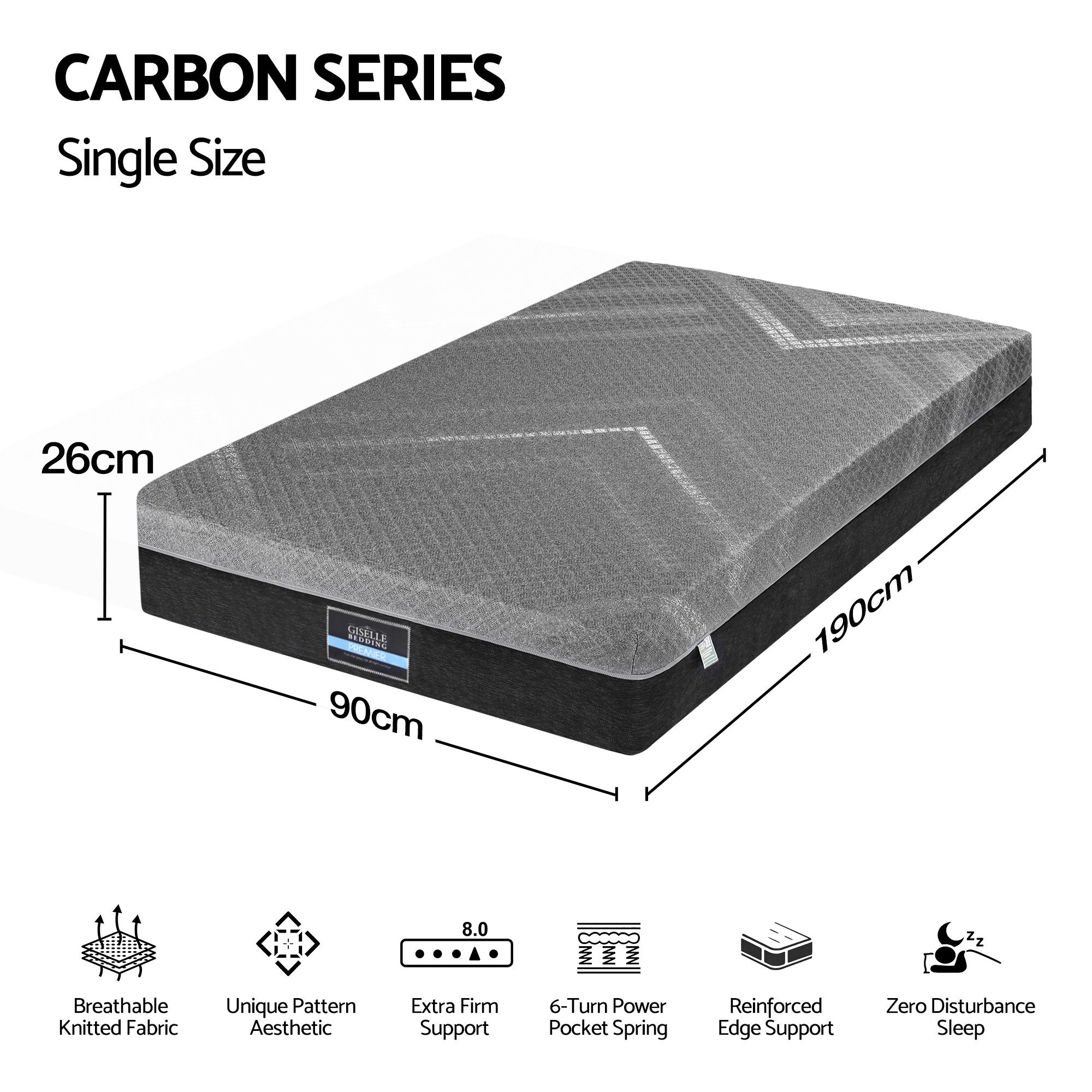 Giselle Single Mattress 26cm Firm Pocket Spring Dual Edge Support Dark Grey - Image 2