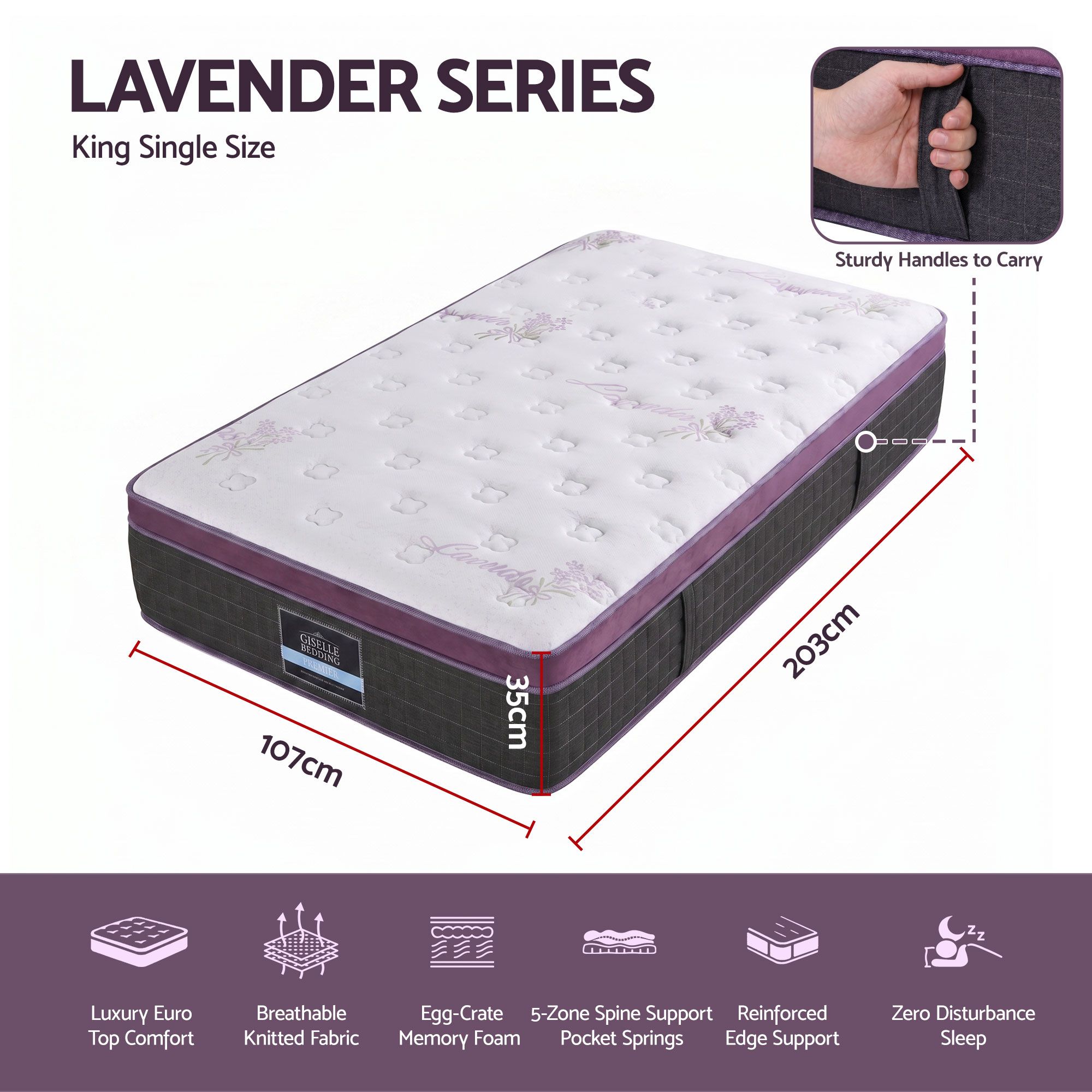 Giselle King Single Euro Top Mattress Firm Pocket Spring Edge Support - Image 2