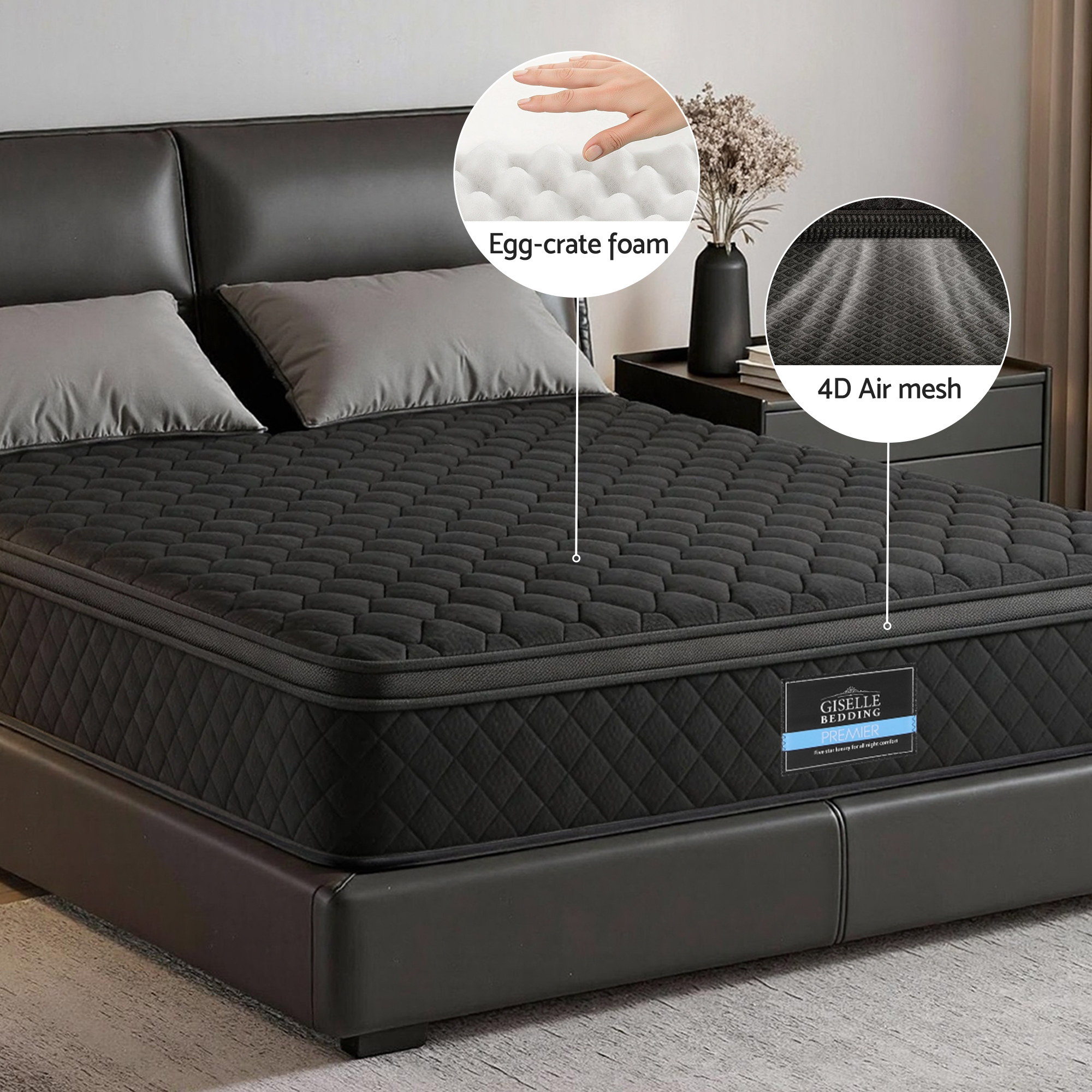 Giselle Bedding Double Mattress 34cm Euro Top with 5-Zone Pocket Spring Support Black - Image 5