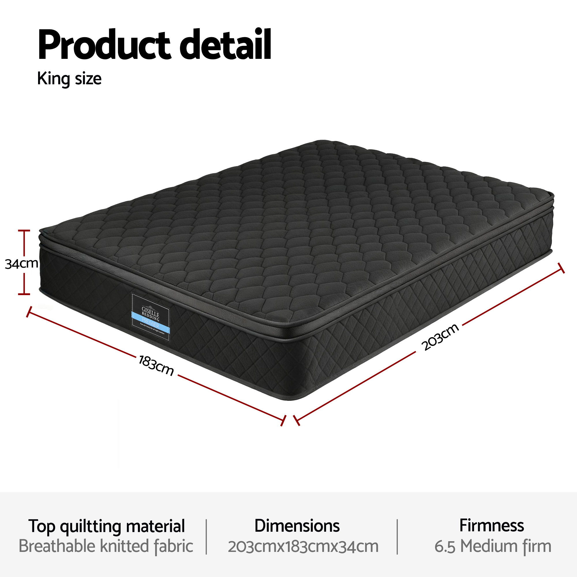 Giselle Bedding King Mattress 34cm Euro Top with 5-Zone Pocket Spring Support Black - Image 3