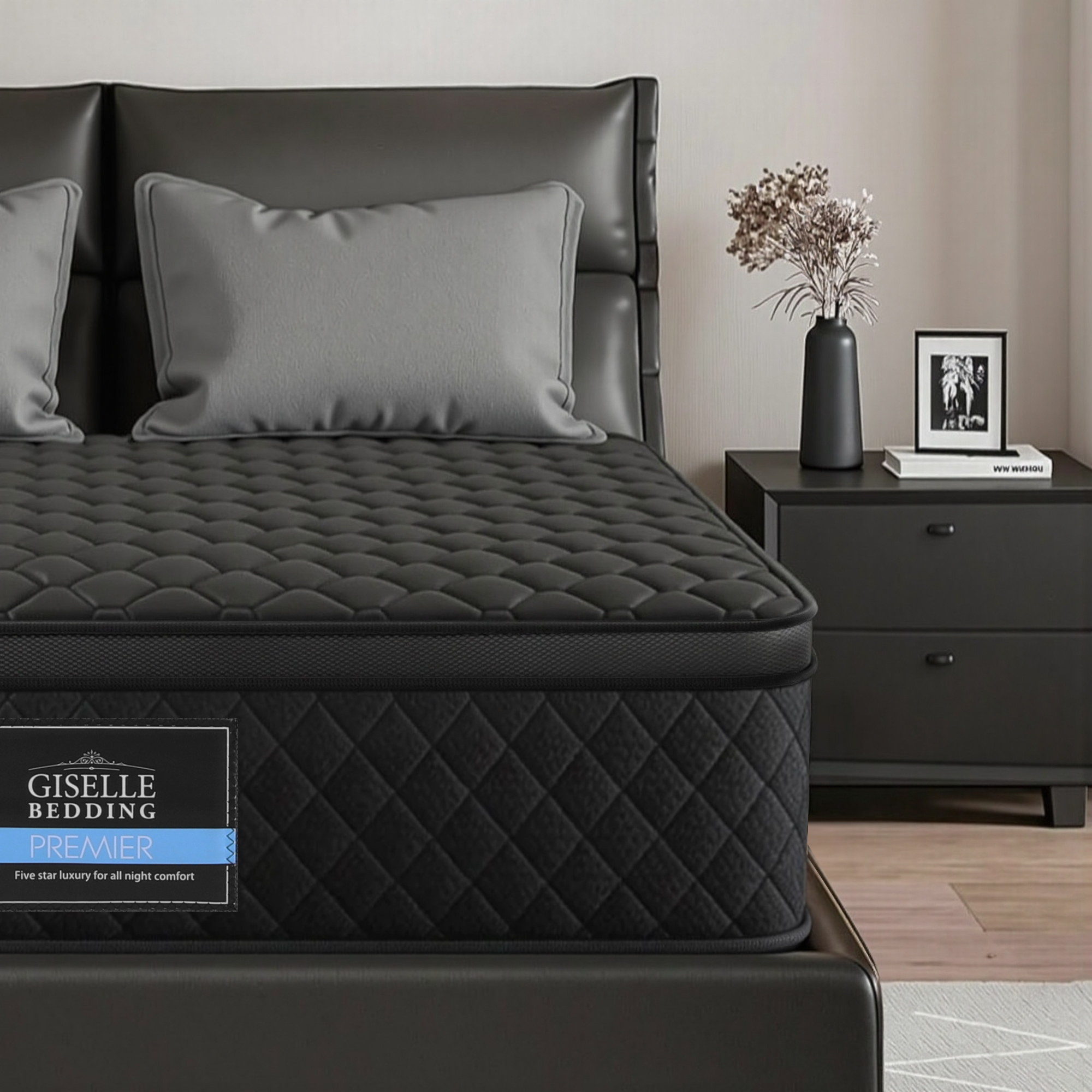 Giselle Bedding Queen Mattress 34cm Euro Top with 5-Zone Pocket Spring Support Black - Image 1
