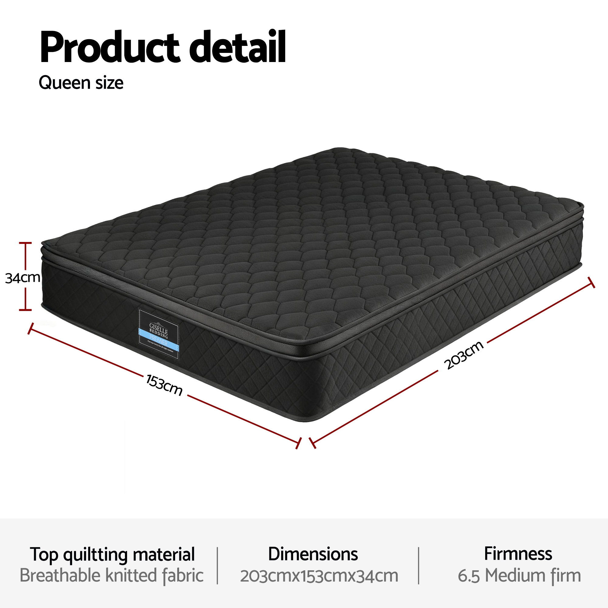 Giselle Bedding Queen Mattress 34cm Euro Top with 5-Zone Pocket Spring Support Black - Image 3