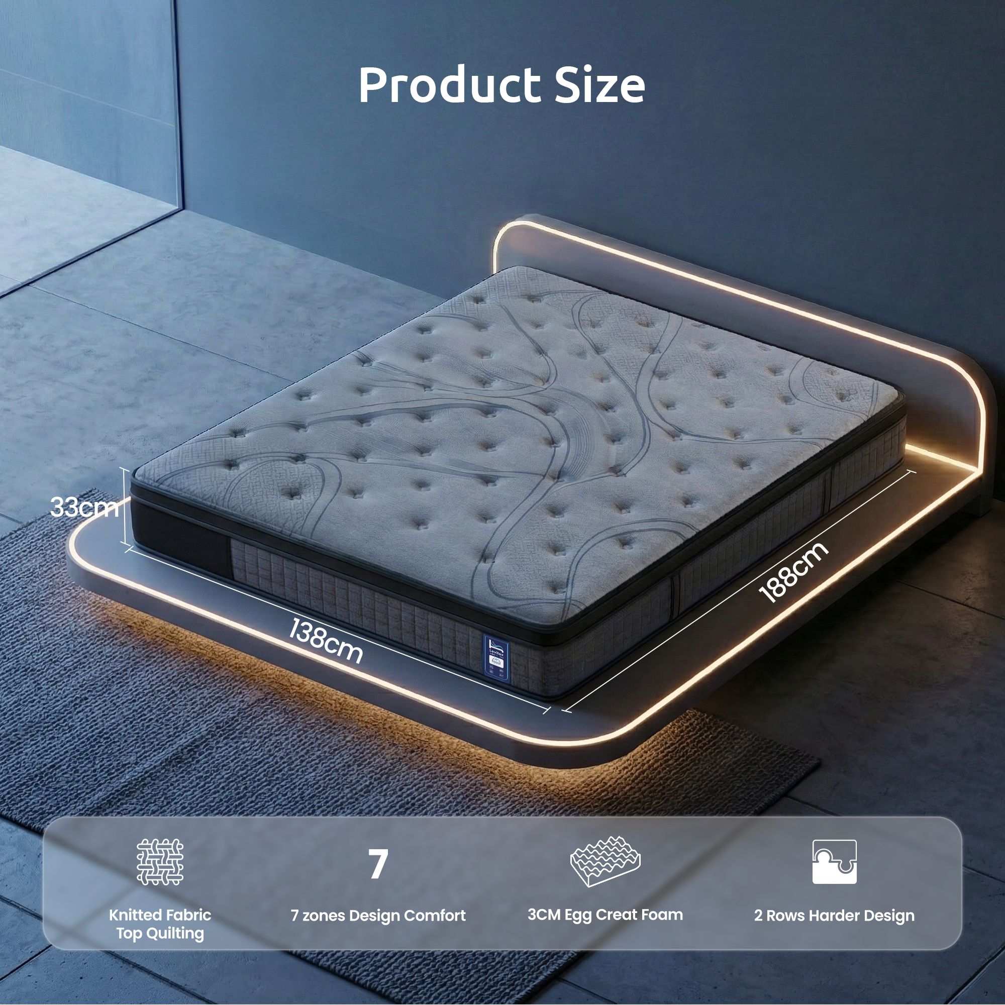 Levitex Double Mattress 33 cm 7-Zone Pocket Spring 8.0 Extra Firm with Dual-Row Edge Support & Breathable Knit Cover - Image 3