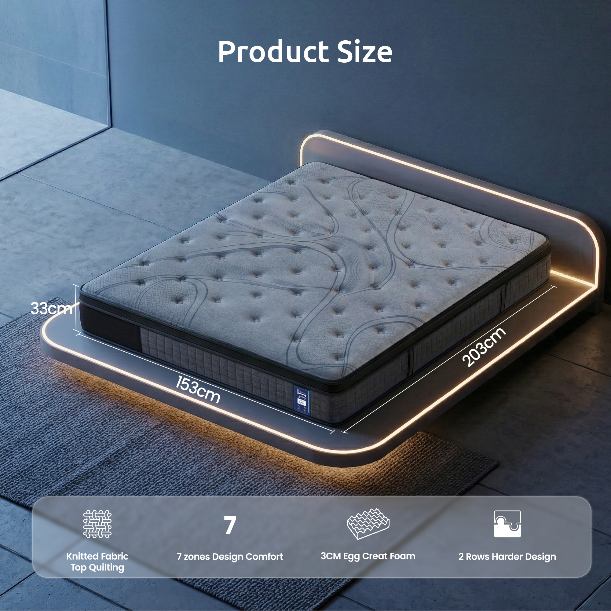 Levitex Queen Mattress 33 cm 7-Zone Pocket Spring 8.0 Extra Firm with Dual-Row Edge Support & Breathable Knit Cover - Image 3