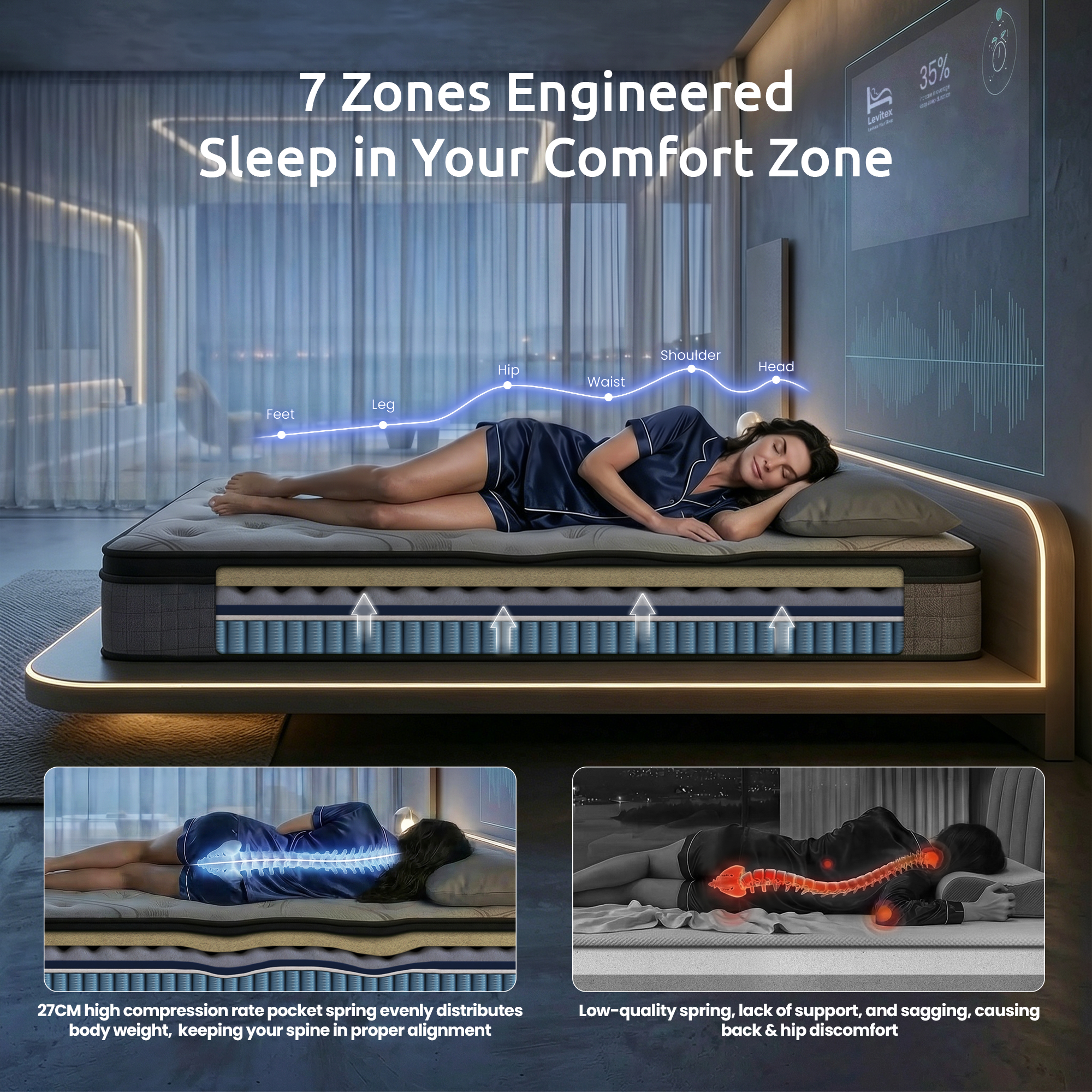 Levitex Queen Mattress 33 cm 7-Zone Pocket Spring 8.0 Extra Firm with Dual-Row Edge Support & Breathable Knit Cover - Image 7