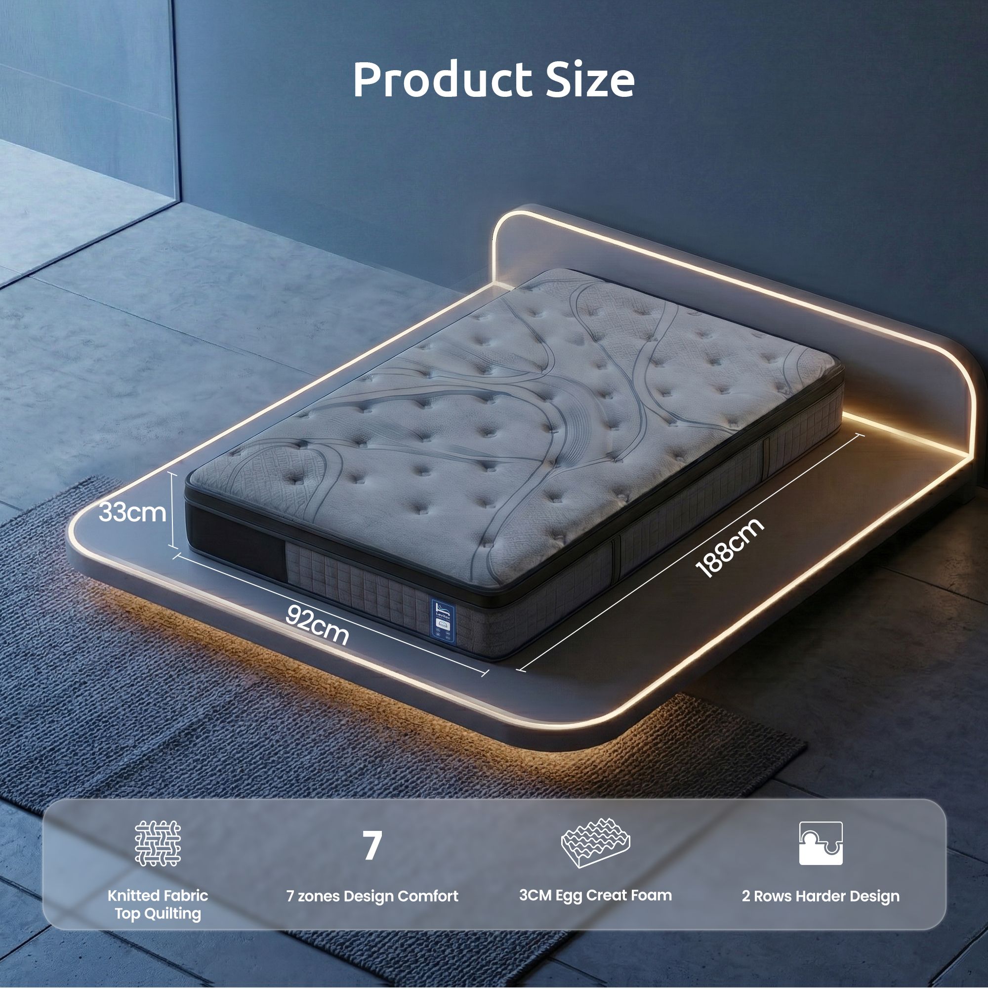 Levitex Single Mattress 33 cm 7-Zone Pocket Spring 8.0 Extra Firm with Dual-Row Edge Support & Breathable Knit Cover - Image 3