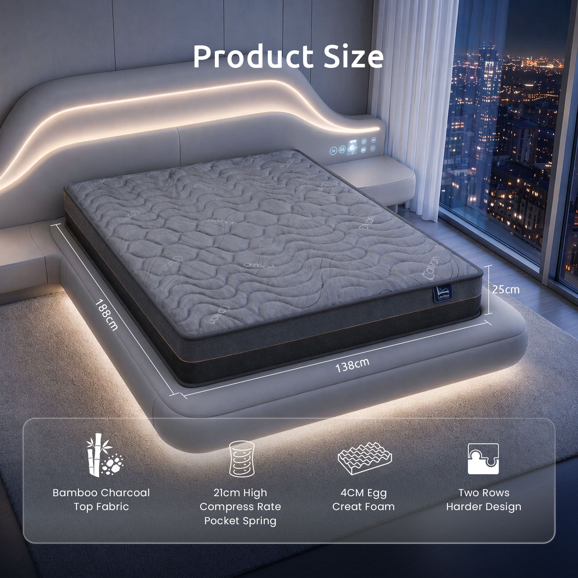 Levitex Double Mattress 25 cm Hybrid Pocket Spring with 4cm Egg Crate Foam for Deep Sleep Bamboo Charcoal Fabric - Image 3